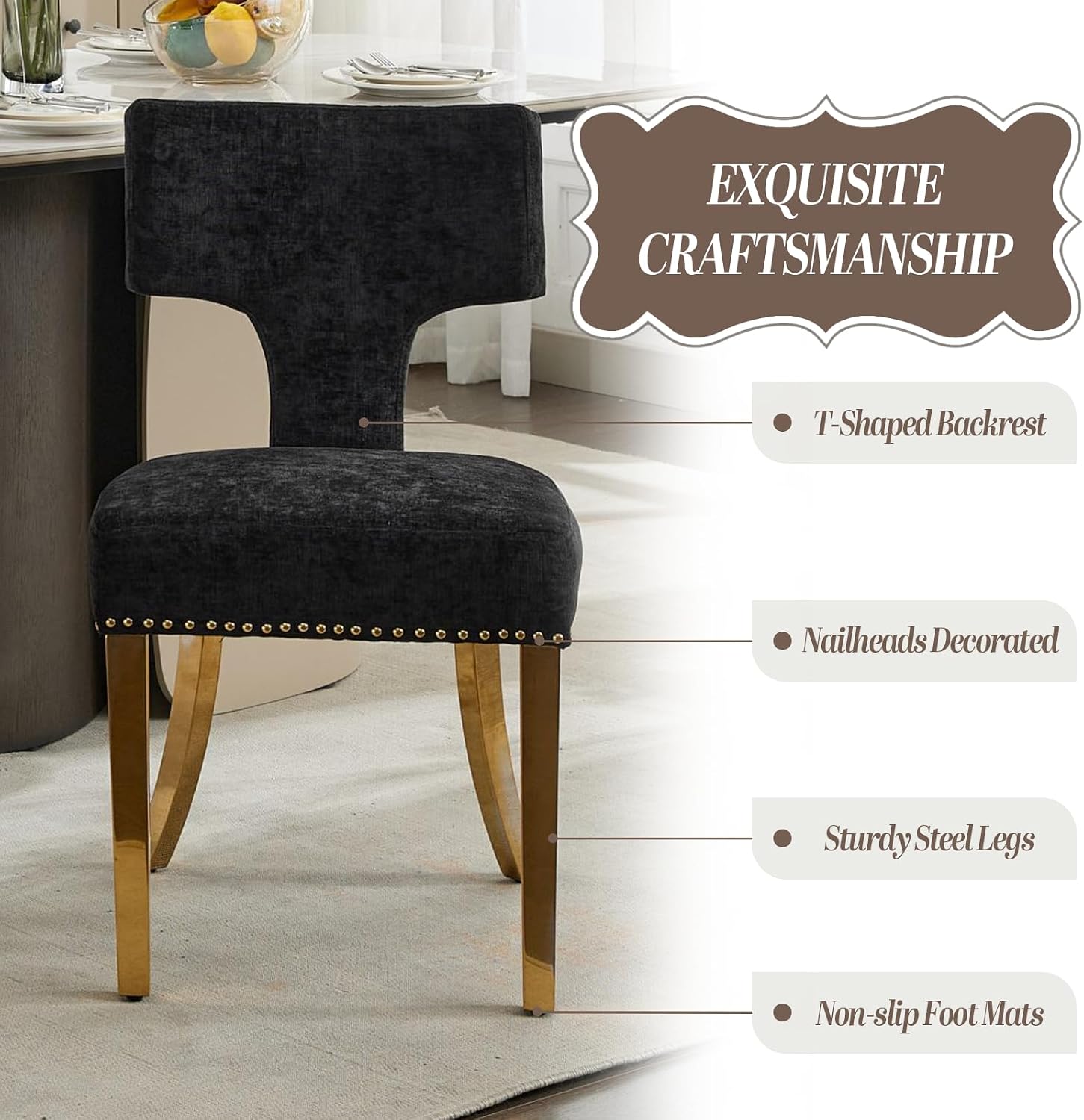 Dining Chair Set of 2 Linen Fabric Curved Backrest Farmhouse Mid Century Accent Upholstered Kitchen Chairs with Gold Legs and Foot Pad for Dining Room/Living Room/Restaurant,Black