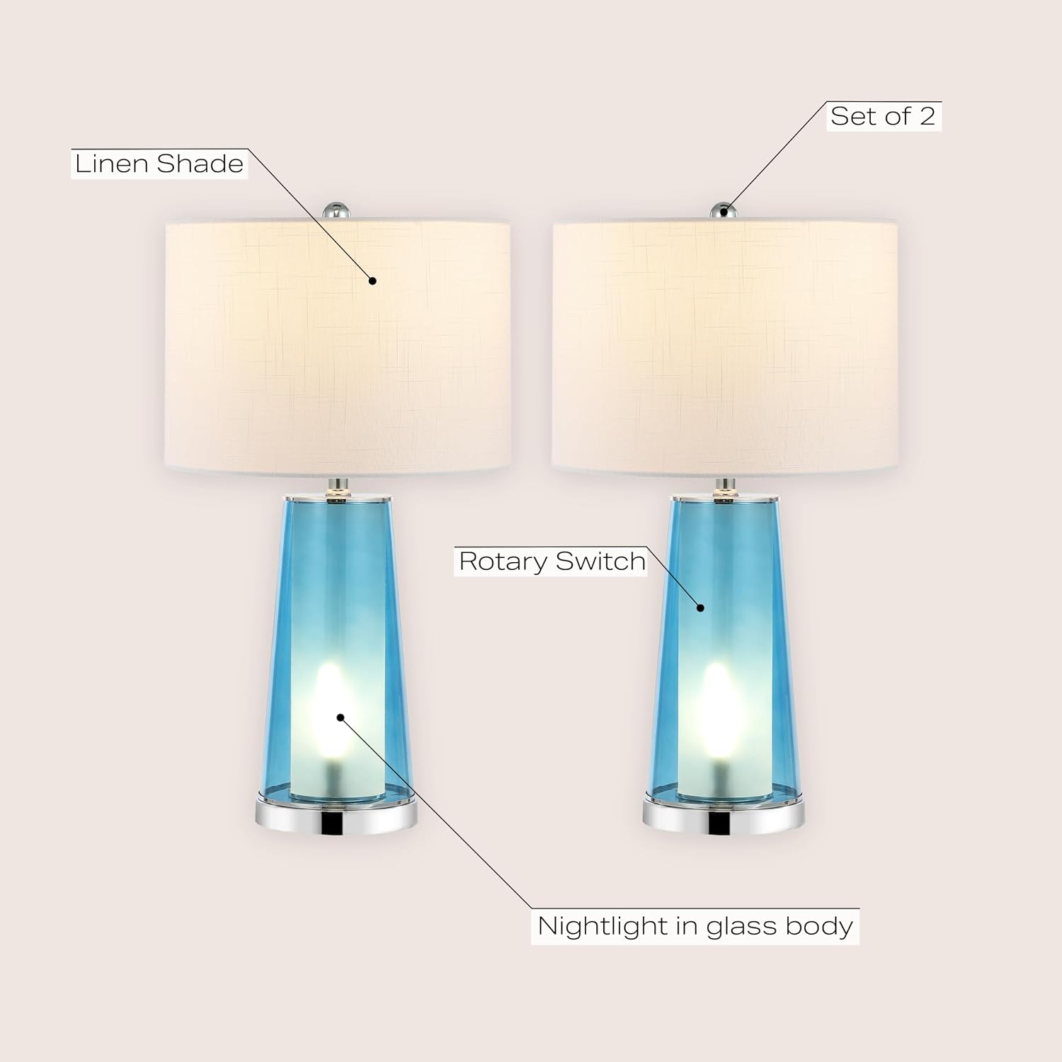 JONATHAN Y 26' Chrome/Clear Blue Nightlight Table Lamp Set of 2 for Bedroom, Modern Glass Desk Lamps with White Fabric Shade, Farmhouse Living Room Decor, LED Bulbs Included (JYL1137B-SET2)