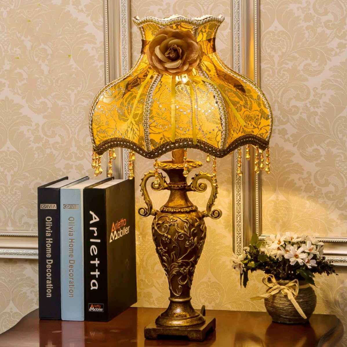 SEESIRHOP Vintage Table Lamp Flower 1 Light Floral Victorian Lamp Beaded Fringe Lamp Brown Fabric Lampshade European Nightstand Lamp with Lace
