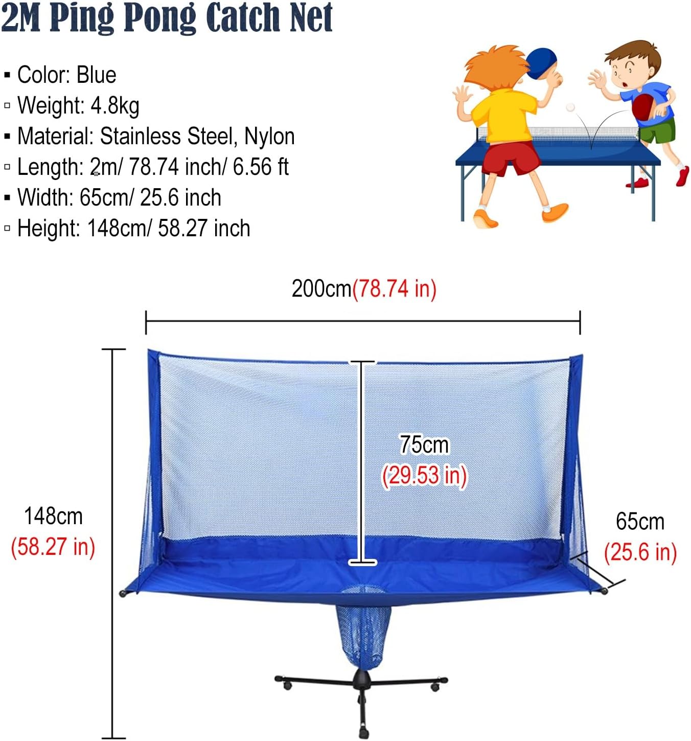 ERRULAN Large Ping Pong Practice Net with Wheels, Foldable Table Tennis Ball Catch Net Equipments for Adults & Kids, Indoor Outdoor Teen Activities - Multi-Ball Training(2m/78.74 in/6.56 ft)