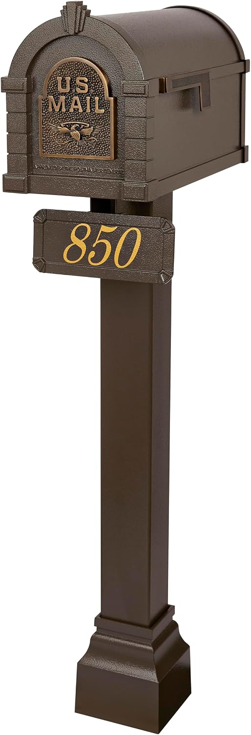 Gaines - Keystone Standard Post and Mailbox Package with Personalized Address Plaque and Decorative Cuff (Bronze with Antique Bronze Eagle)