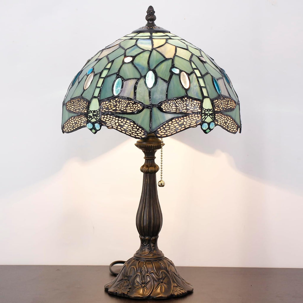 Tiffany Table Lamp Stained Glass Lamp 12X12X19 Inch Antique Reading Light (Sea Blue Dragonfly Style)