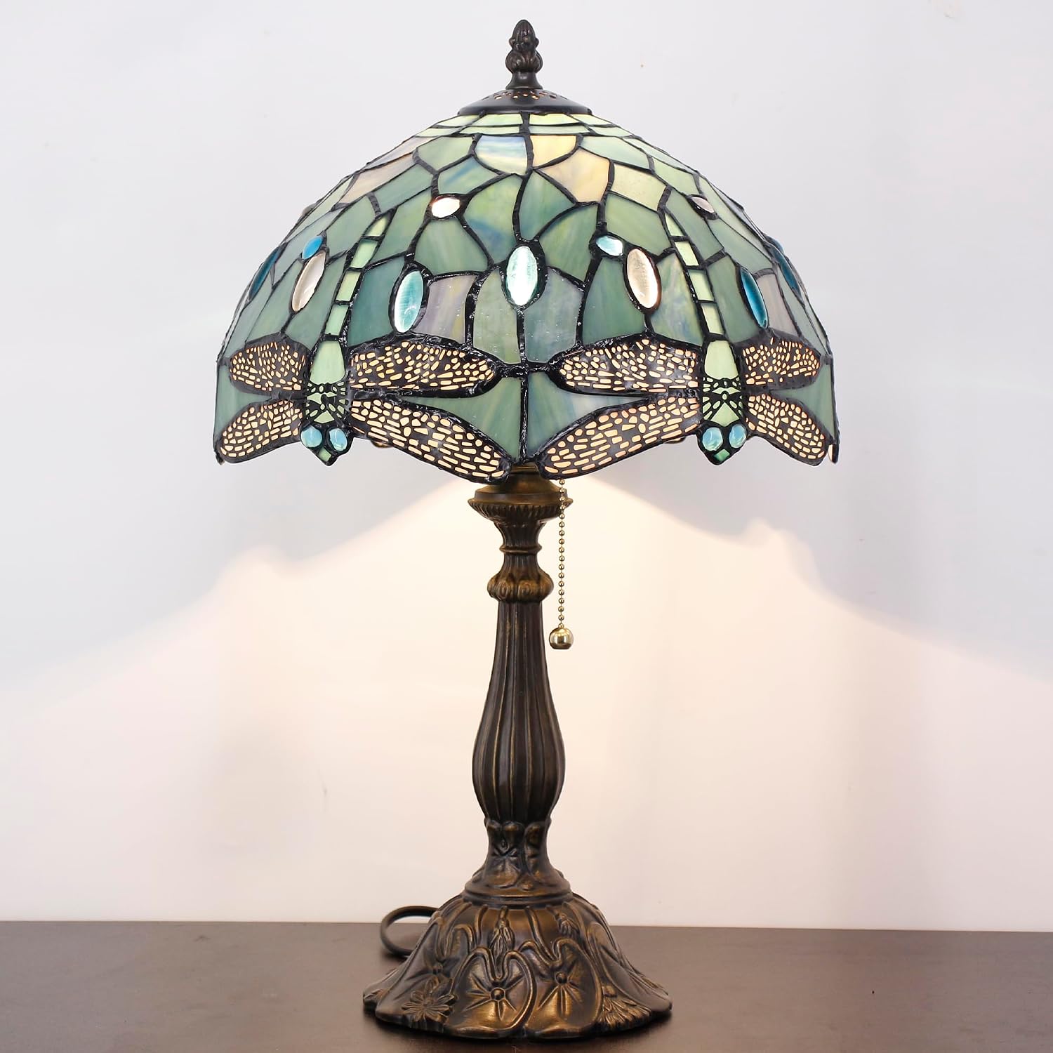 Tiffany Table Lamp Stained Glass Lamp 12X12X19 Inch Antique Reading Light (Sea Blue Dragonfly Style)
