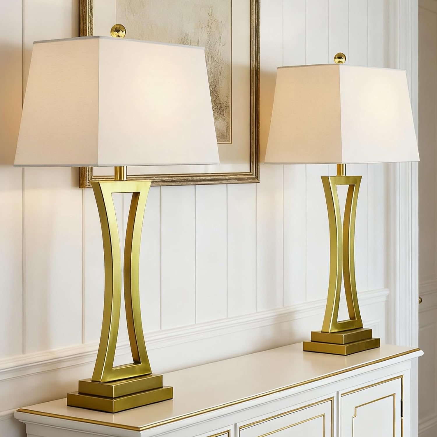 Maxax Contemporary Table Lamps Set of 2, Brass Gold 30.75'' Tall Metal Bedside Lamps with White Rectangular Shade, 3 Way Dimmable Large Nightstand Lamp for Living Room Bedroom for Home Office Entryway