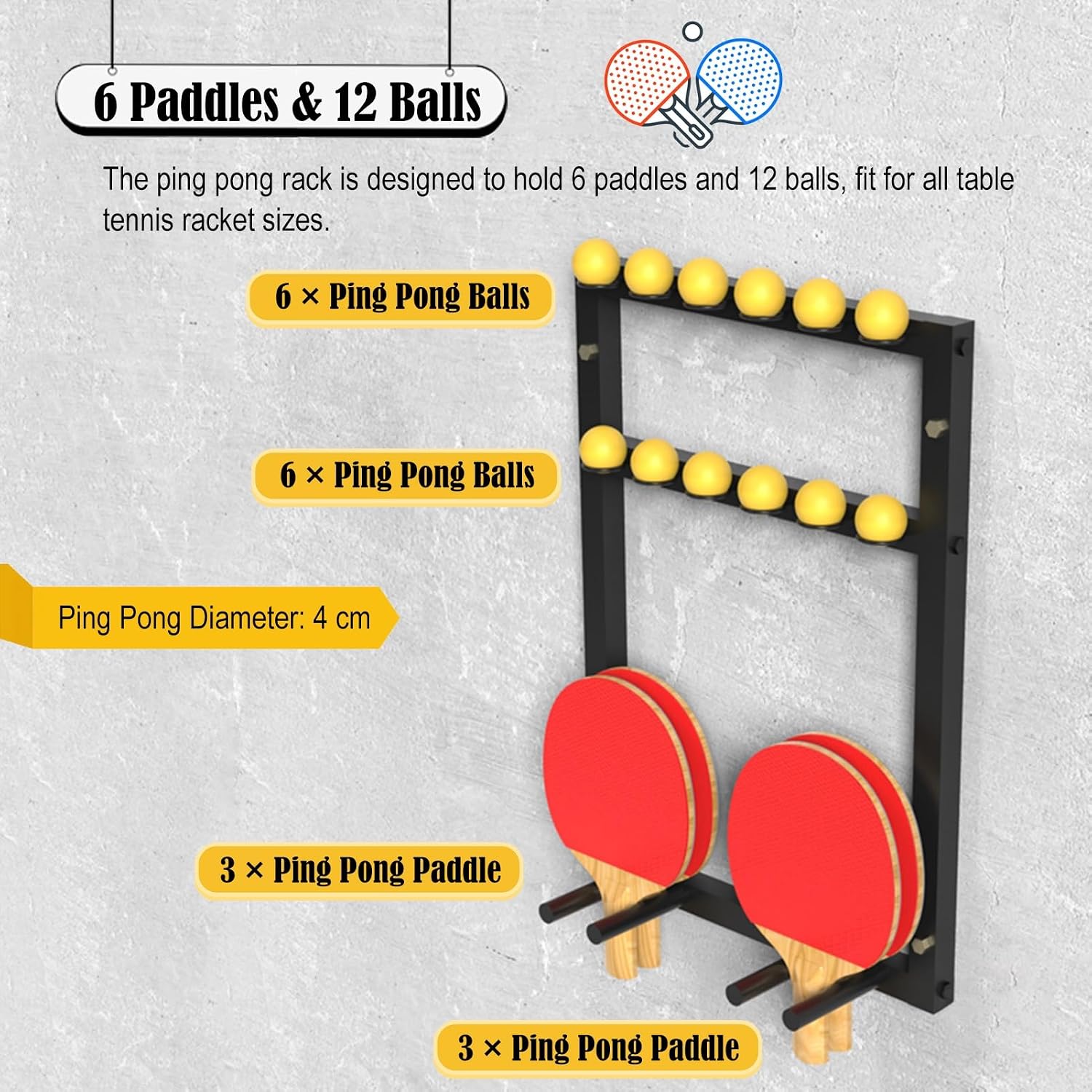 Ping Pong Paddles Holder Wall Mount, Metal Table Tennis Storage Rack for Game Room/ Man Cave/ Apartment - Holds 6 Paddles & 12 Balls, Space Saving Display Stand Holder Shelf Sport Equipment Organizer