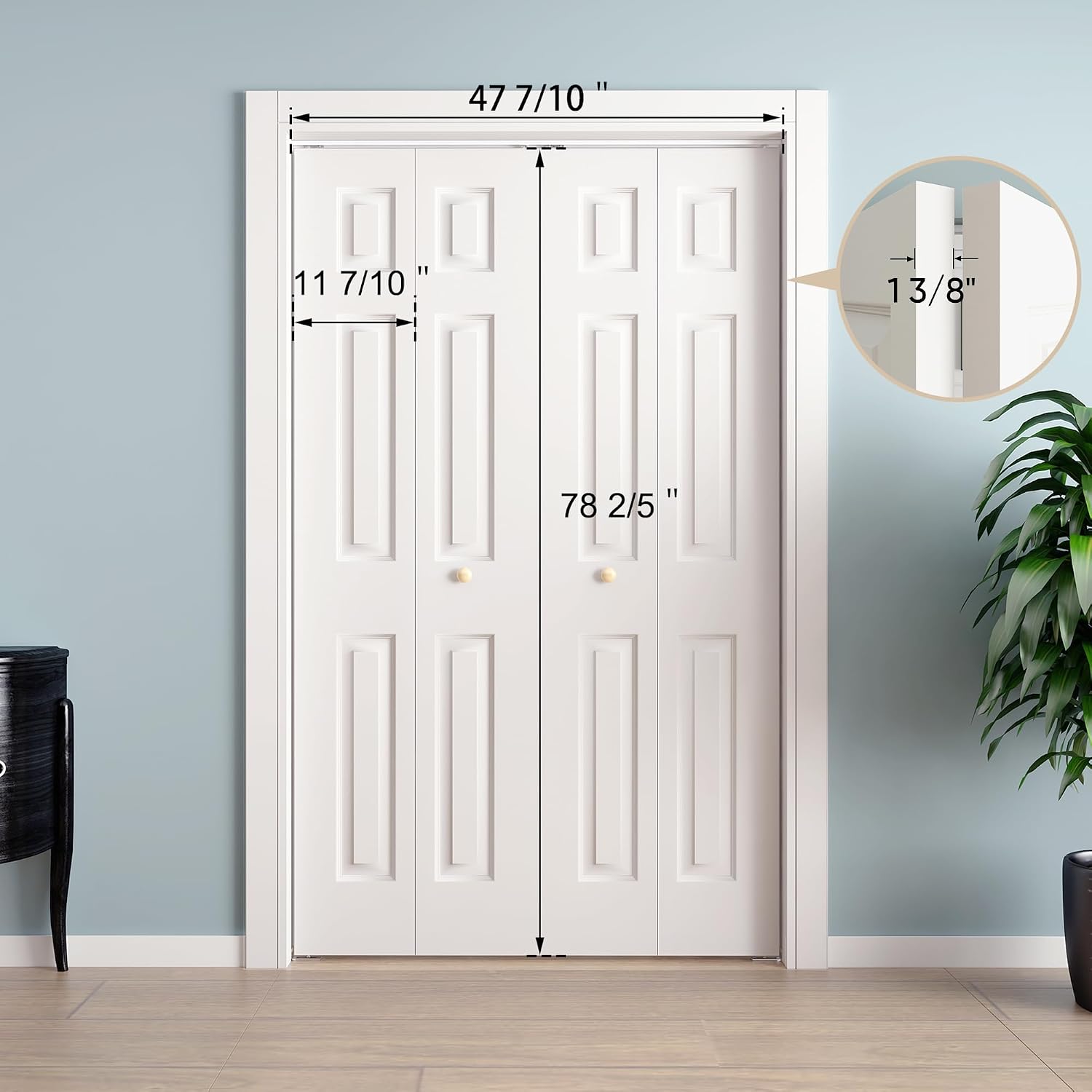 JUBEST Bifold Doors, 6 Panel Primed Bifold Closet Doors for 48'x80' Door Opening, Modern White Hollow Core Bi-Fold Door Slab with Hardware Kit & Knob, Widely Used, Primed