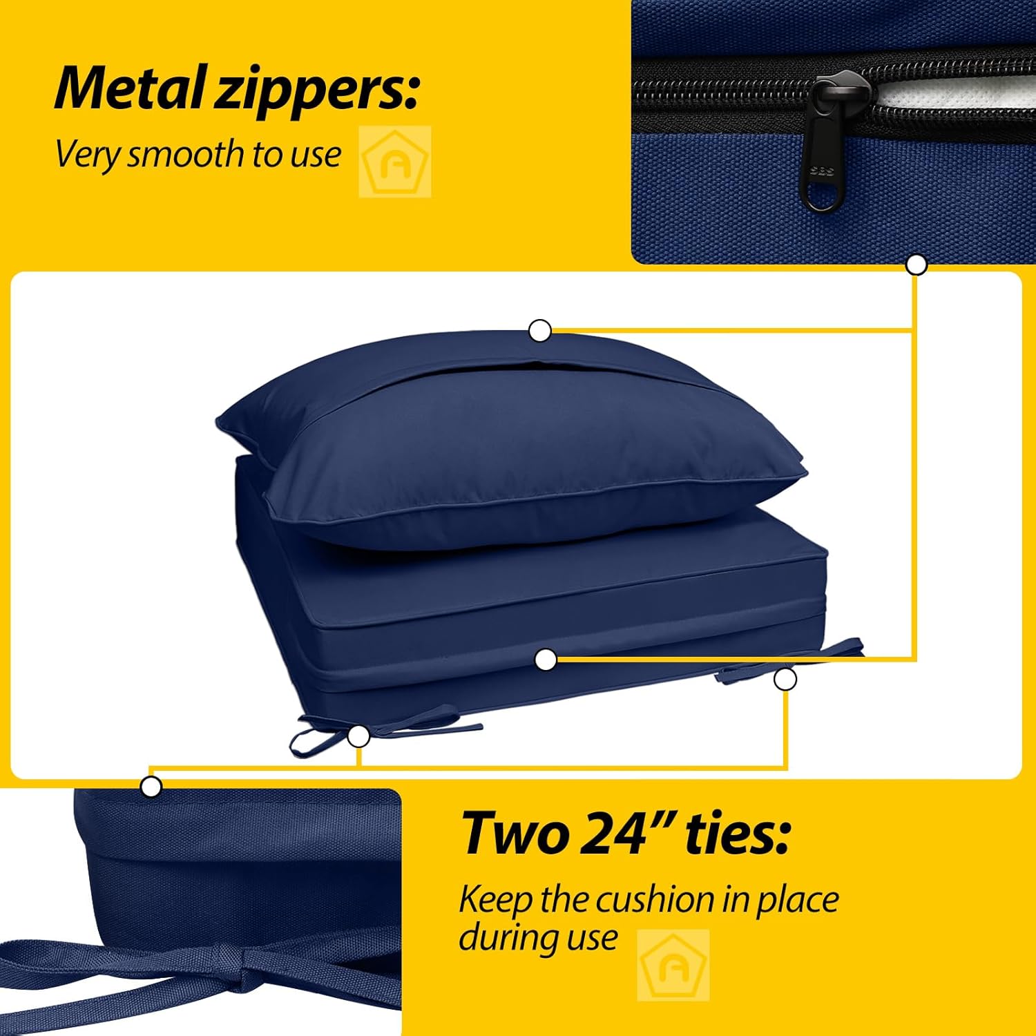 AAAAAcessories Outdoor Deep Seat Cushions, Waterproof, Fade-Resistant Patio Furniture Replacement Cushions, Set of 4, 24' x 24' x 5', Navy Blue