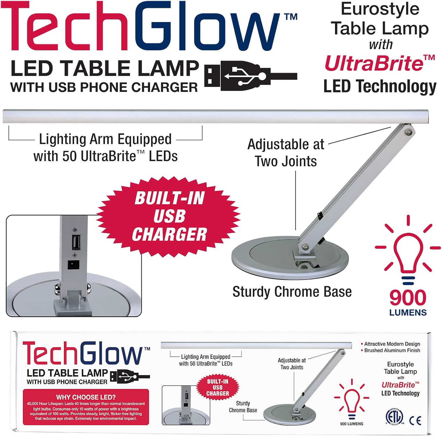 Americanails TechGlow Adjustable LED Table Lamp with USB Charging Port, Anti-Glare & Flicker Eye Care Desk Lamp | Bright 900 Lumens for Home & Office | Ideal for Nail Station