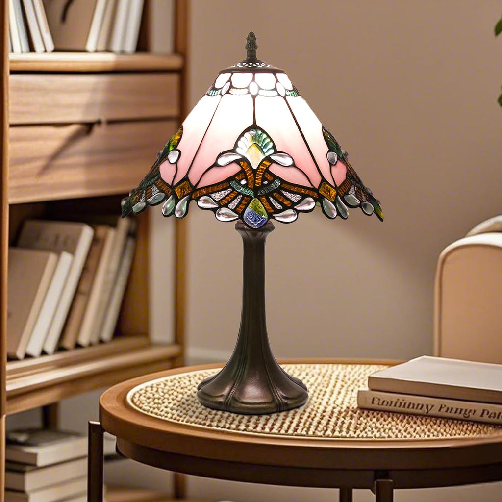 JHuiLap 12 Inch Tiffany Style Table Lamp, Baroque Stained Glass Lamp with Remote Control, Stepless Dimmable & 3 Color Temperatures, Desk Lamps for Bedroom Farmhouse Bedside Nightstand Bedside (Pink)