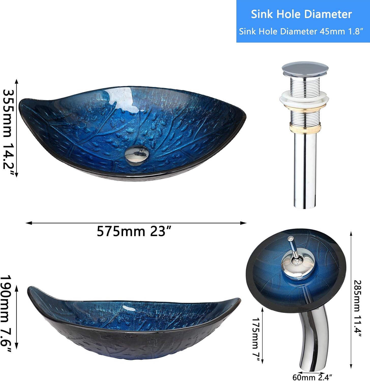 23'x14' Blue Bathroom Vessel Sink, Leaf Shape Tempered Glass Sinks And Faucet Combo, Washing Basin Bowl Waterfall Chrome Brass Pop Up Drain