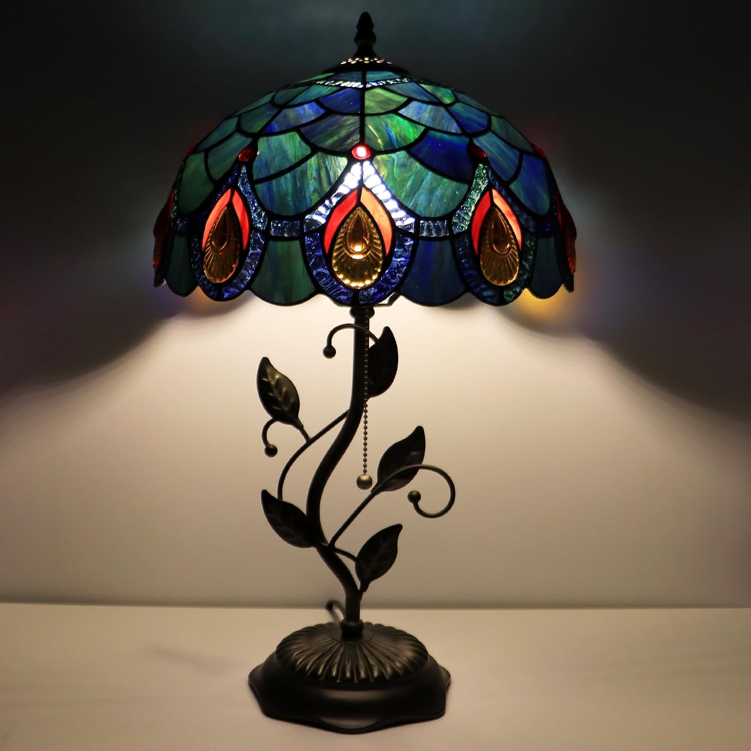 Tiffany Lamp Sea Blue Peacock Tail Style Stained Glass Table Lamp Desk Bedside Reading Light 12X12X19 Inches with Metal Leaf Base