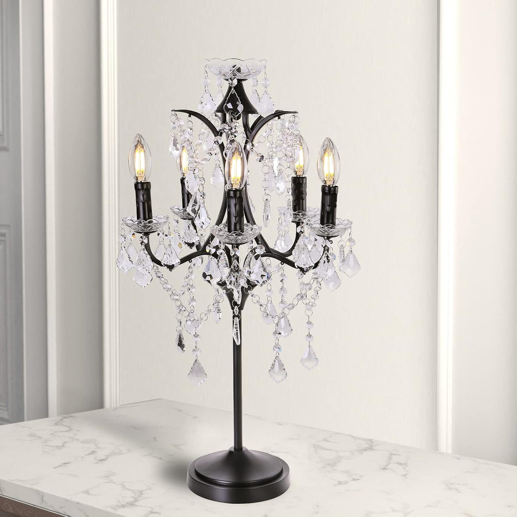 TOCHIC 5-Light Farmhouse Tranditional Crystal Table Lamp, Black Craft Candelabra Lighting Fixture 30'' Tall for Living Room, Reading Room, Bedroom, Office