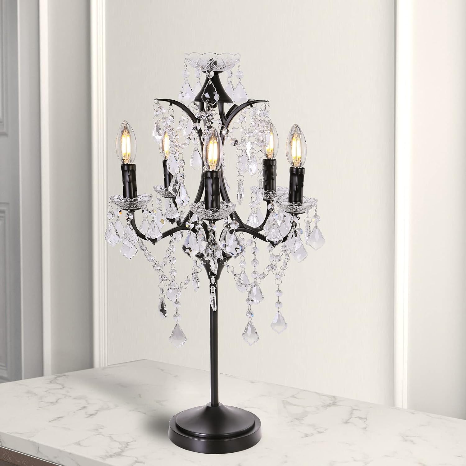 TOCHIC 5-Light Farmhouse Tranditional Crystal Table Lamp, Black Craft Candelabra Lighting Fixture 30'' Tall for Living Room, Reading Room, Bedroom, Office