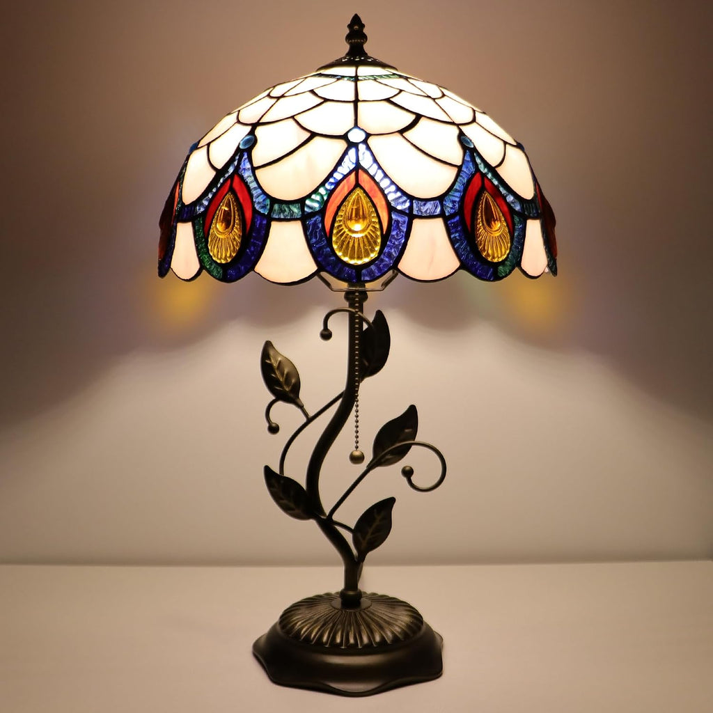 Tiffany Lamp Pink Peacock Tail Style Stained Glass Table Lamp Desk Bedside Reading Light 12X12X19 Inches with Metal Leaf Base