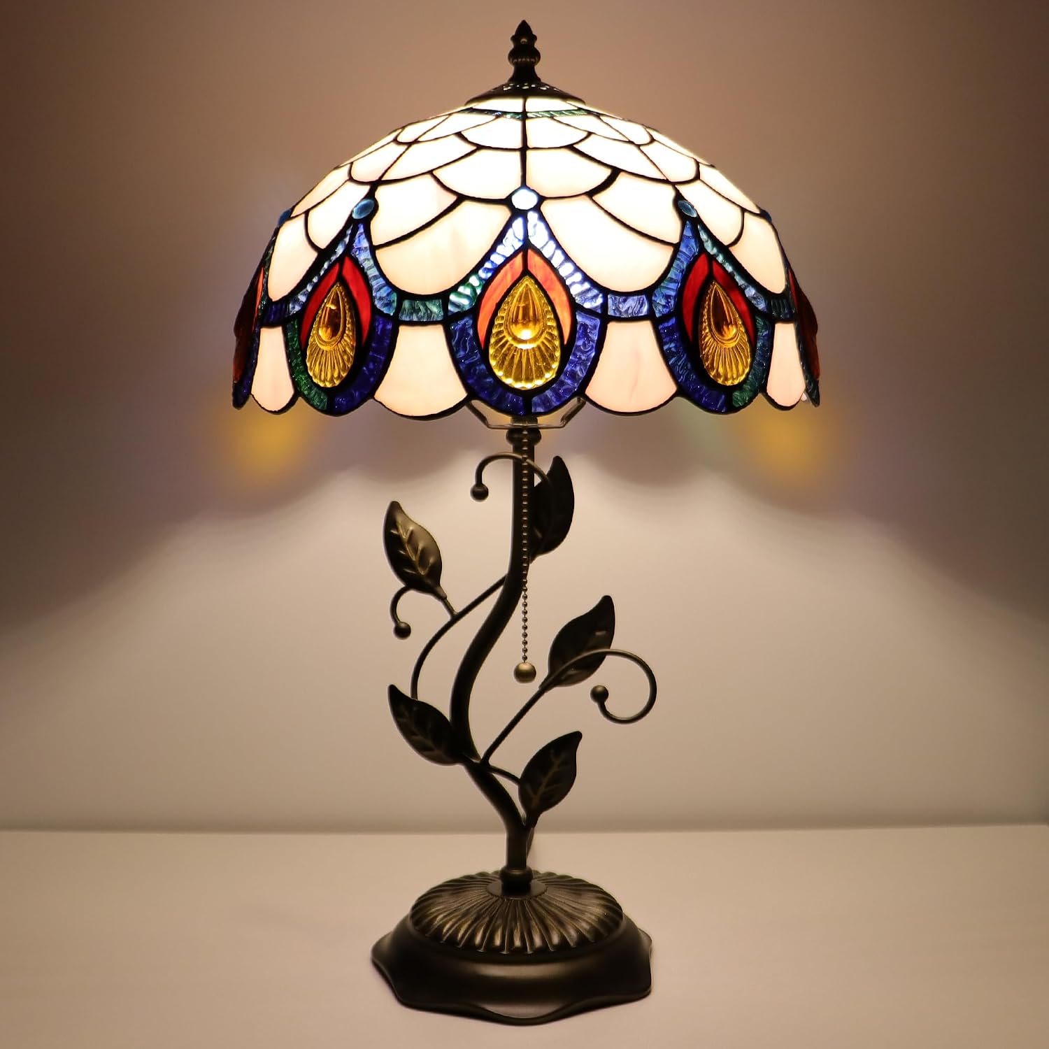 Tiffany Lamp Pink Peacock Tail Style Stained Glass Table Lamp Desk Bedside Reading Light 12X12X19 Inches with Metal Leaf Base