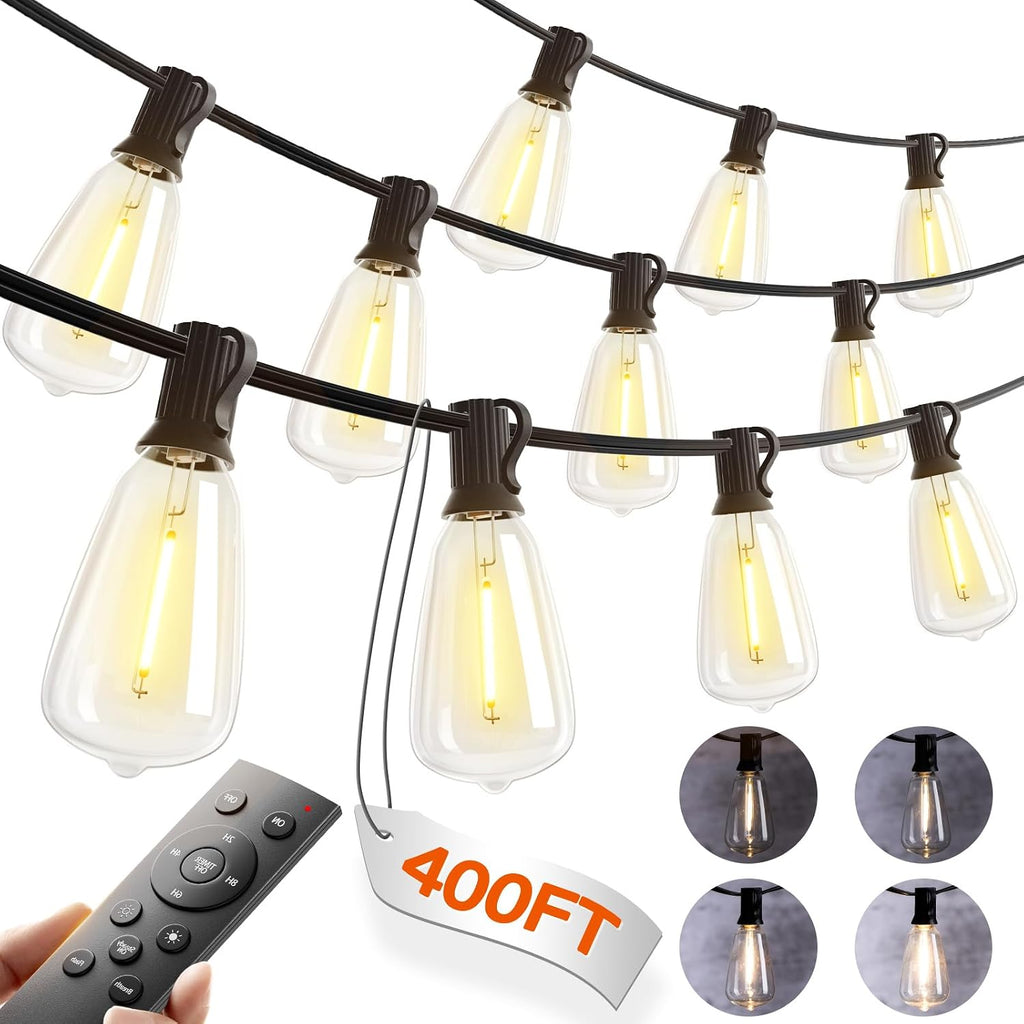 addlon 400FT(50FT*8) Outdoor String Lights with Remote,Waterproof Patio Lights ETL Listed with Shatterproof Dimmable ST38 LED Bulbs Connectable Outdoor Lighting for Backyard Bistro Garden Bistro