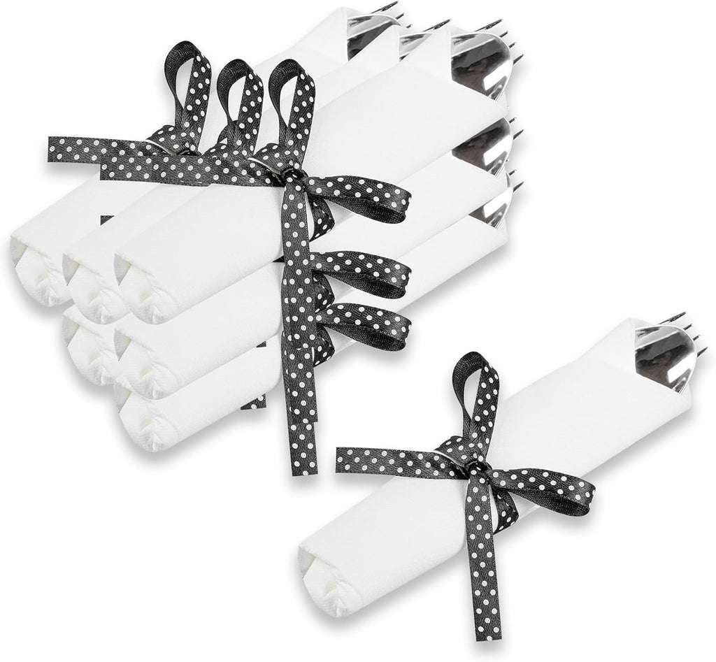 Restaurantware-7.3 Inch x 2 Inch Plastic Cutlery Sets, 100 Flatware Sets - Polka Dot Ribbon, With White Napkin, Individually Wrapped, Silver Plastic Disposable Cutlery Sets, For Weddings And Events