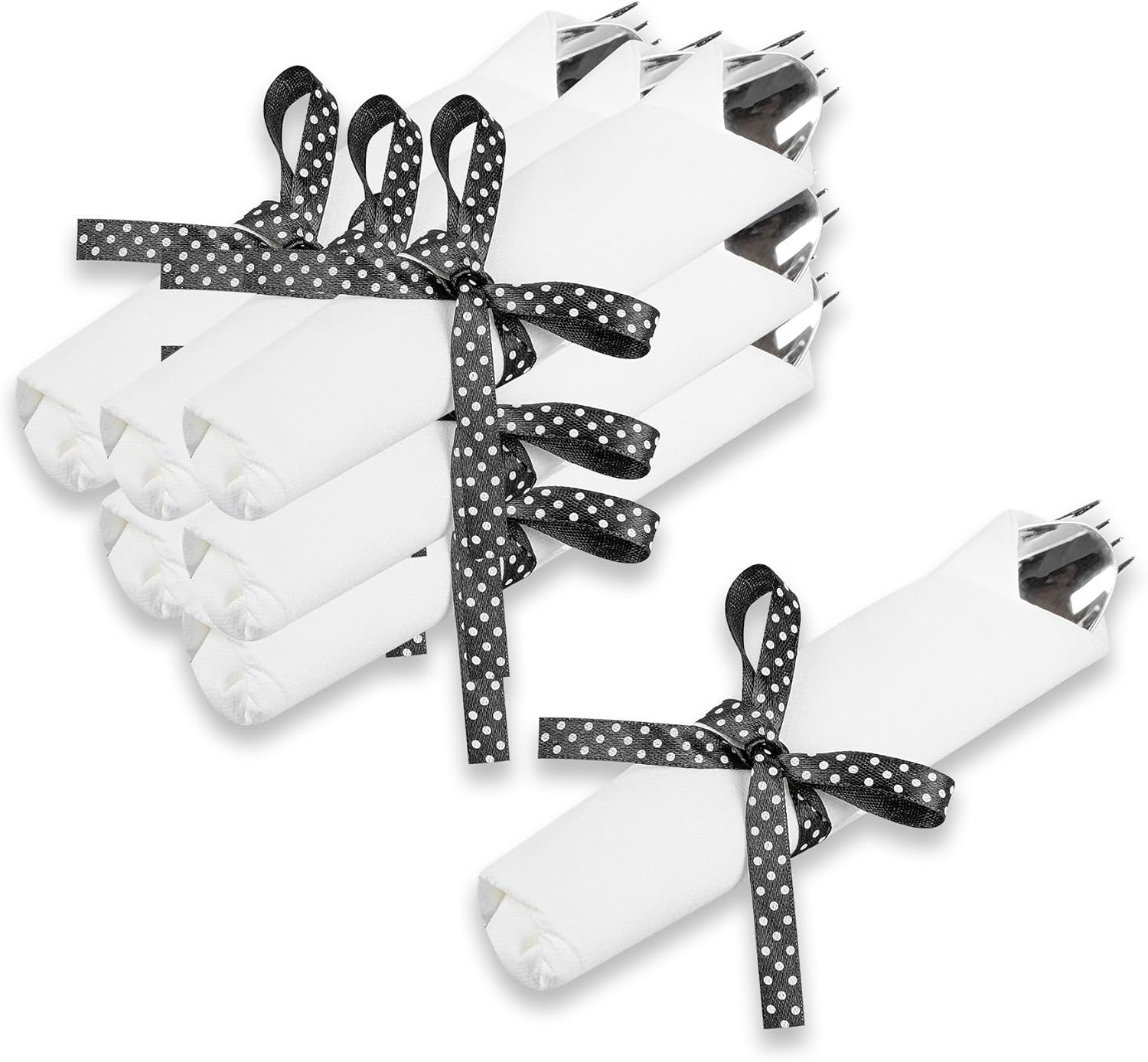 Restaurantware-7.3 Inch x 2 Inch Plastic Cutlery Sets, 100 Flatware Sets - Polka Dot Ribbon, With White Napkin, Individually Wrapped, Silver Plastic Disposable Cutlery Sets, For Weddings And Events