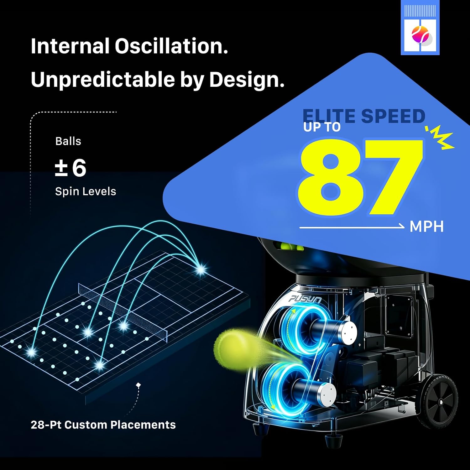 PUSUN｜PT-MAX C Flagship Tennis Ball Machine:App Control,12 Drills, Internal Oscillation,87 MPH,6-Level Spin,28-Spot,6-8H Battery, 39.6 lbs Portable, for Tennis/Padel,Training, Practice,Beginners,Pros