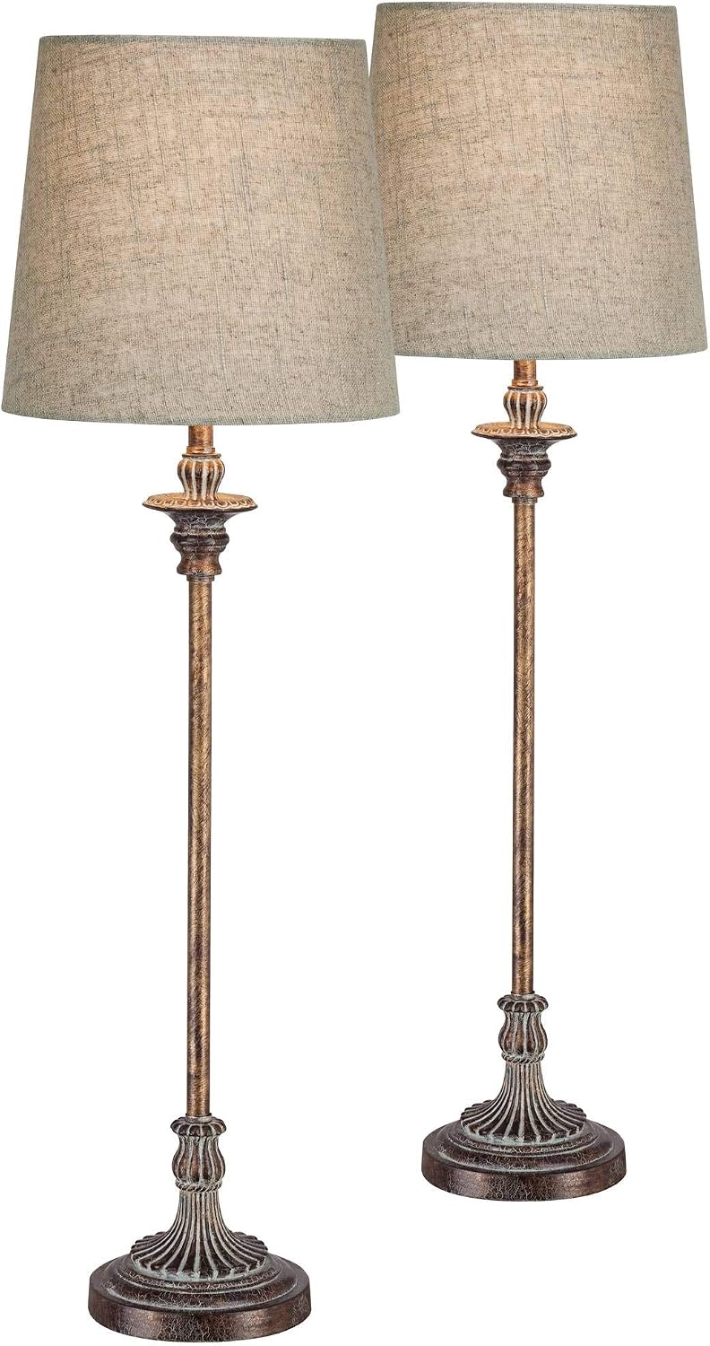 Regency Hill Bentley Traditional French Country Style Buffet Table Lamps 31.5' Tall Skinny Set of 2 Weathered Brown Ridged Linen Fabric Tapered Drum Shade Decor for Living Room House Home Dining