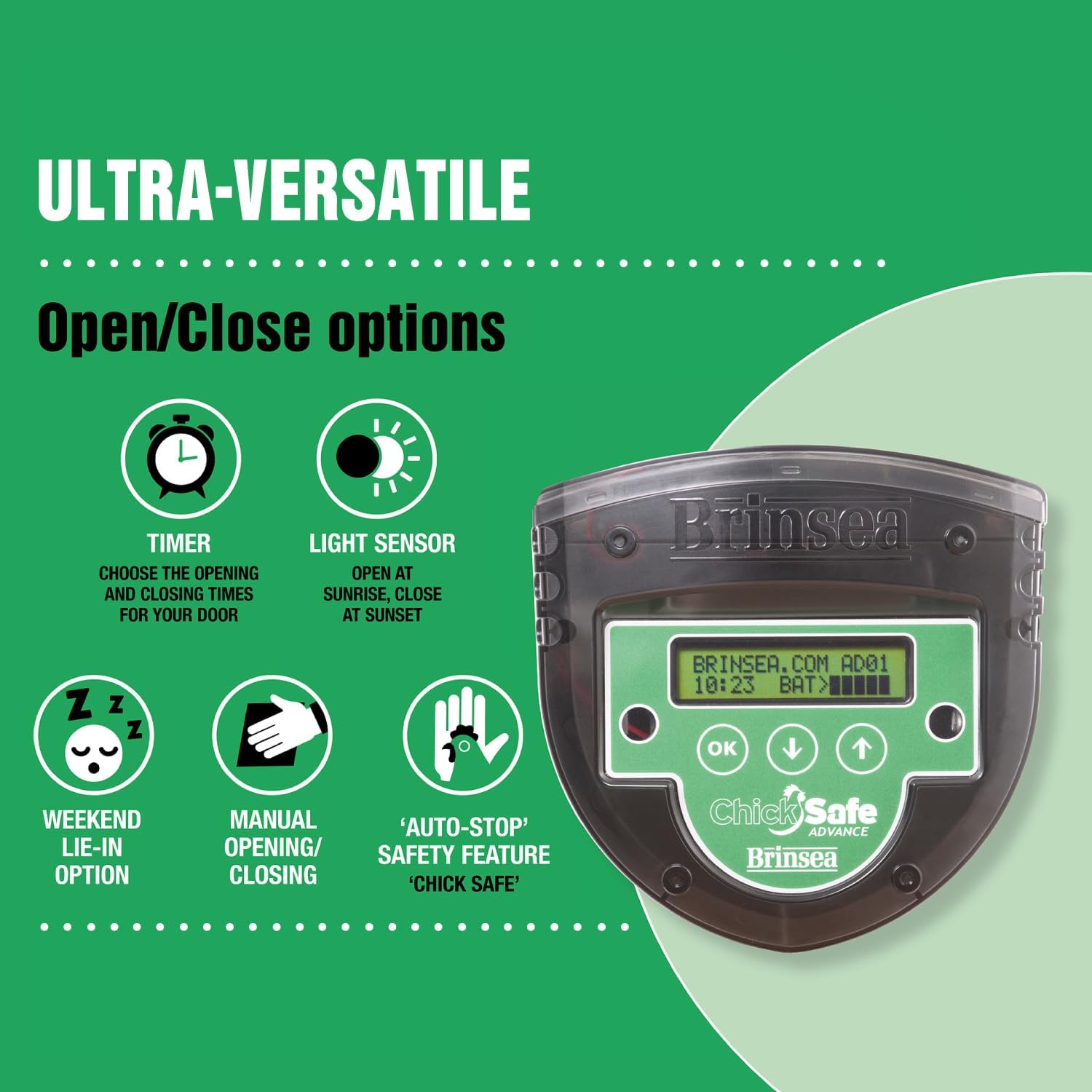 Brinsea ChickSafe Advance Automatic Chicken Coop Door Opener and Door Kit for Hen House with Programmable Timer, Digital Display, Space Saving 2-Stage Aluminum Door