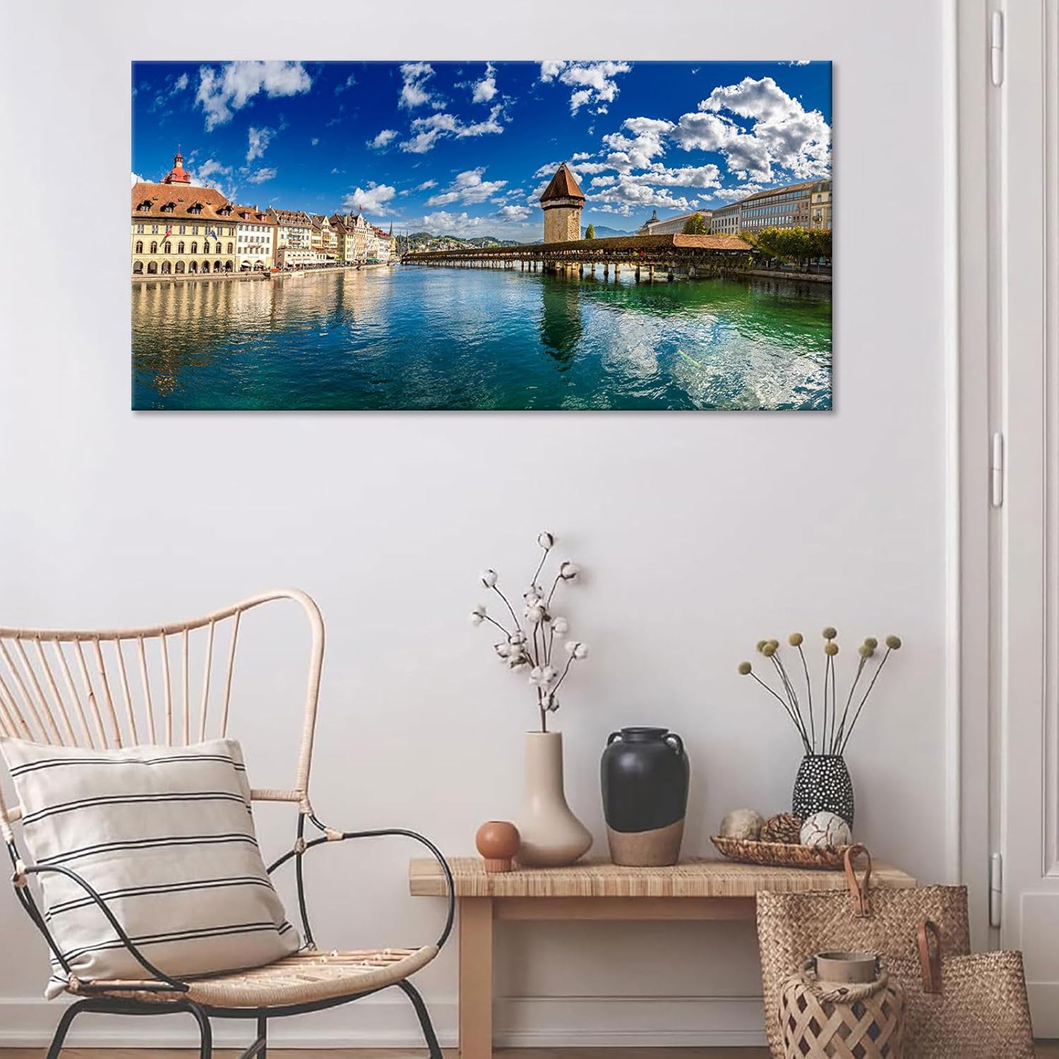 Swiss Lucerne Chapel Bridge Cityscape Large Wall Art Reuss River View Canvas Print Posters European Landscape Lake Pictures Decor Artwork for Luxury Home Living Room Bedroom Office 20x40inch Framed
