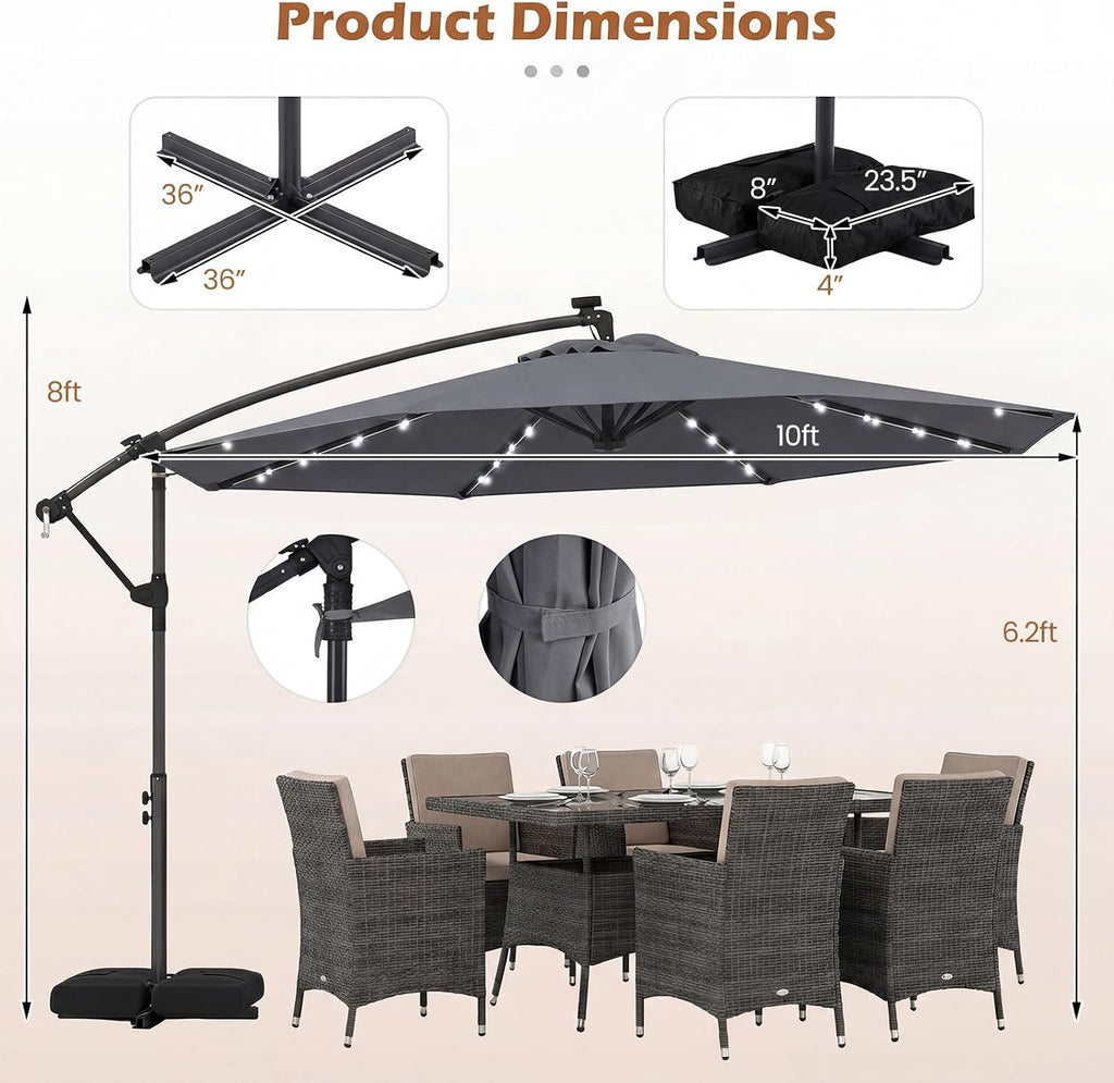 Tangkula 10ft Solar Patio Umbrella with Base Included, Offset Cantilever Outdoor Umbrella with 32 LED Lights, 360 Degree Rotation, Crank Handle for Pool Deck Garden Backyard (Gray)