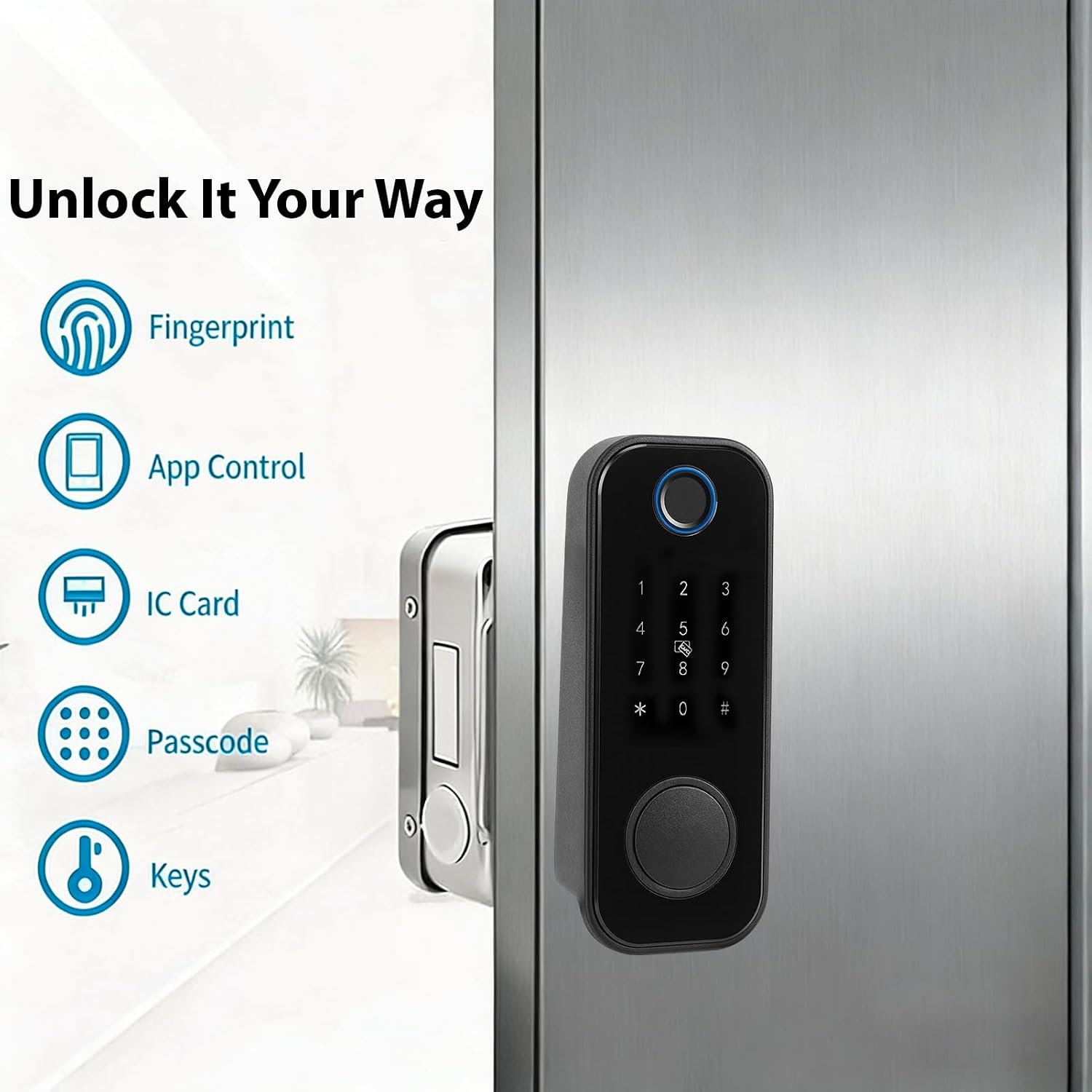 Fafeicy Smart Gate Lock, Double Sided Fingerprint Lock with Keypad and 5 Unlock Methods for Hollow Doors