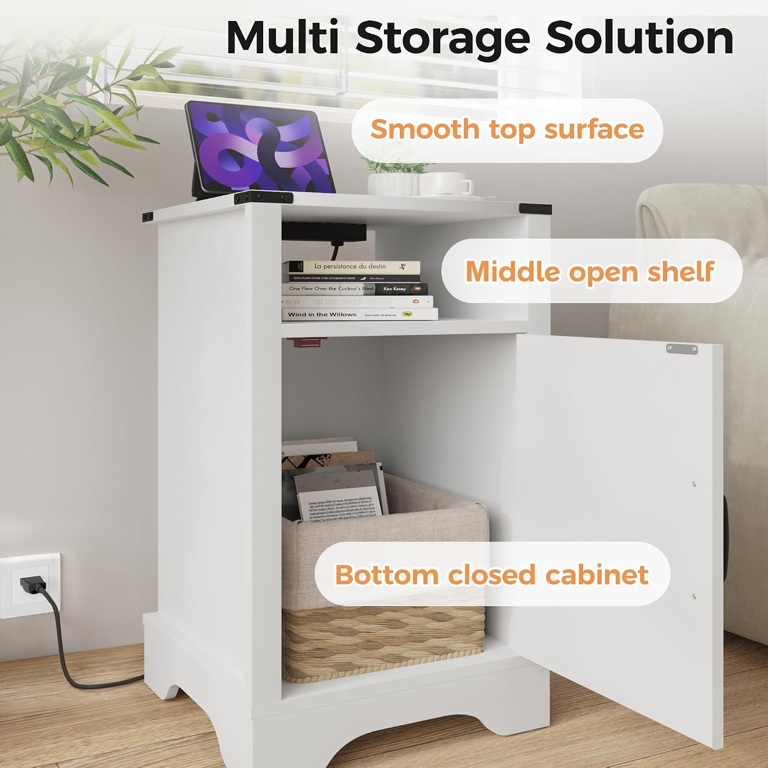 RoyalCraft Farmhouse Nightstand Set of 2, End Table with Charging Station, Tall Bedside Table with Large Storage and Shelf, Wooden Side Table with for Bedroom, Home Office, White
