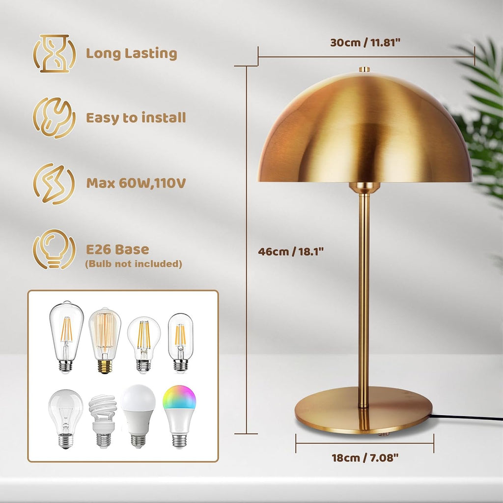 Modern Gold Table Lamp, Mid Century Bedside Table Lamp with Mushroom Dome Shade, 18' Nightstand Reading Lamp Minimalist Desk Lamps for Bedroom Living Room Office Study