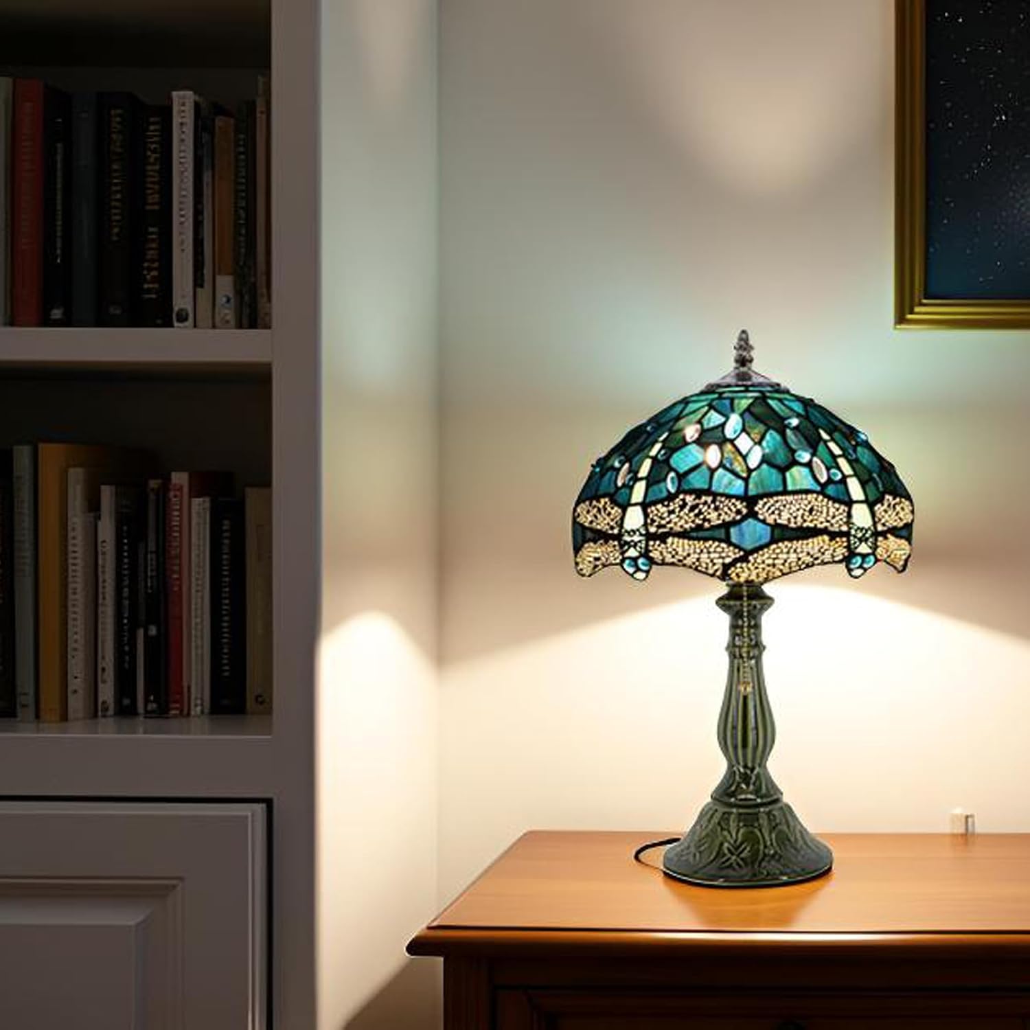 Tiffany Lamp Stained Glass Table Lamps Sea Blue Dragonfly Style Desk Lamp 12X12X18.5 Inch Bronze Ceramic Base Reading Light Suitable for Bedside Bedroom Living Room Dining Room Office