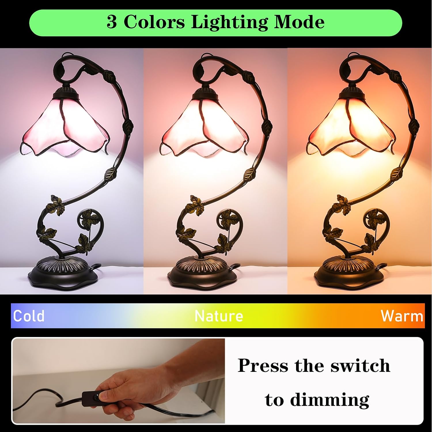 Stained Glass Table Lamp, Pink Flower Design 10x20 Inch Reading Light, 3 Color Temperature LED Bulb for Bedroom Living Room Office Decor