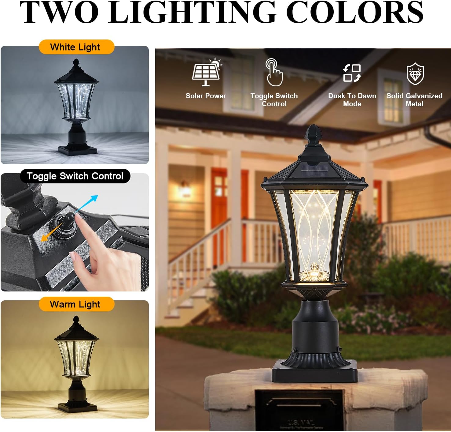 2 Pack Solar Post Lights with Pier Mount Base with Dusk to Dawn Sensor, Outdoor Pillar Lights with Toggle Switch Control, Waterproof Exterior Pole Lamps Head for Driveway, Patio, Garden, Black
