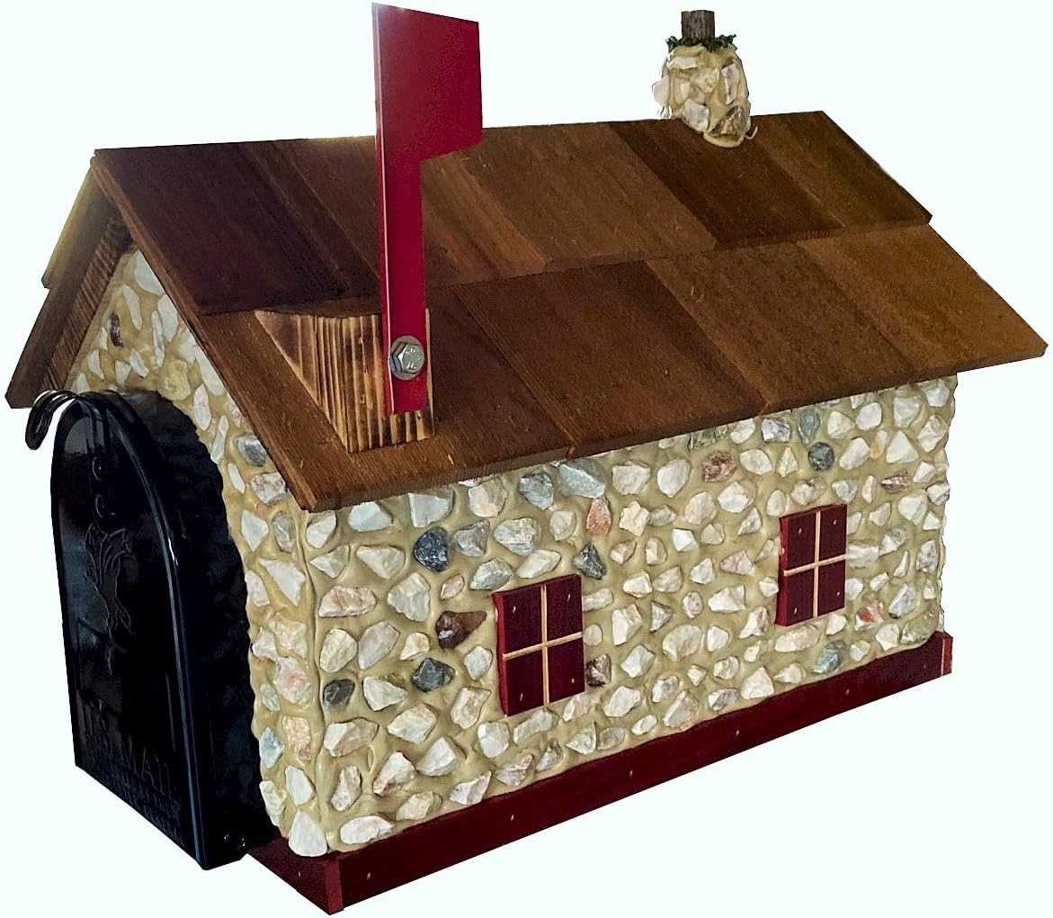 Stone House Wooden Mailbox Cedar Roof Red Trim Amish Made in USA