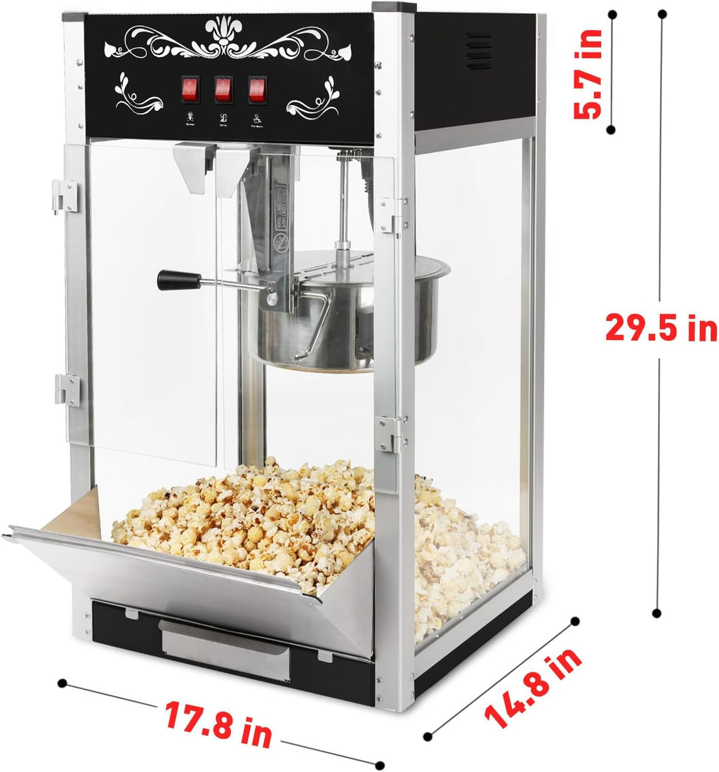 Commercial Popcorn Machine, 16 Oz Kettle, 1440 W, Movie Theater Popcorn Machine, Black Tabletop Pop Corn Machine with 3-Switch Control & Steel Frame Tempered Glass Doors(Black, 16 oz)