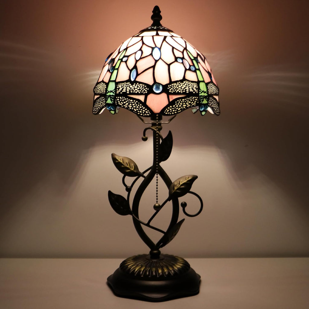 Small Tiffany Lamp Pink Dragonfly Style Stained Glass Table Lamps Desk Bedside Reading Light 8X8X18 Inches with Bronze Metal Leaf Resin Base