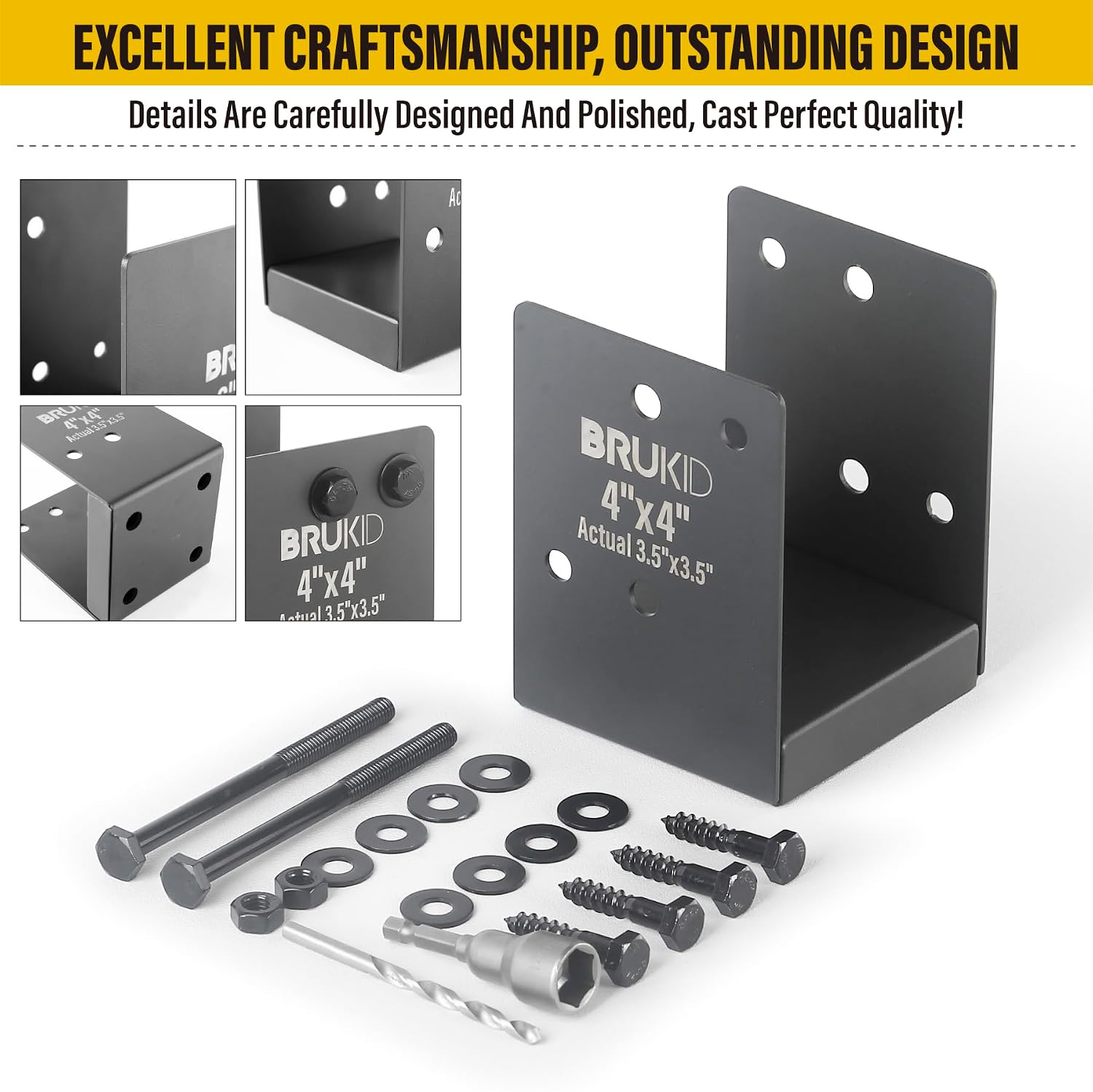 Stainless Steel 4 x 4 (Actual: 3.5' x 3.5') Deck Post Base, Post Anchor Bracket, Concrete Support Anchor Base for Deck Railing, Fences, Mailboxes (4pack- Dark Gray)