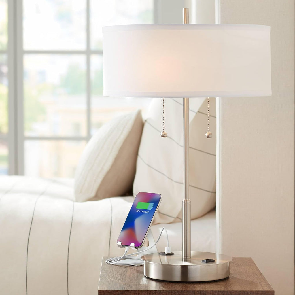 360 Lighting Nikola 23.75' High Modern Accent Table Lamp with USB Charging Ports A+C and AC Power Outlet Hotel Style Silver White Drum Shade Living Room Desk Bedroom House Bedside Nightstand Home