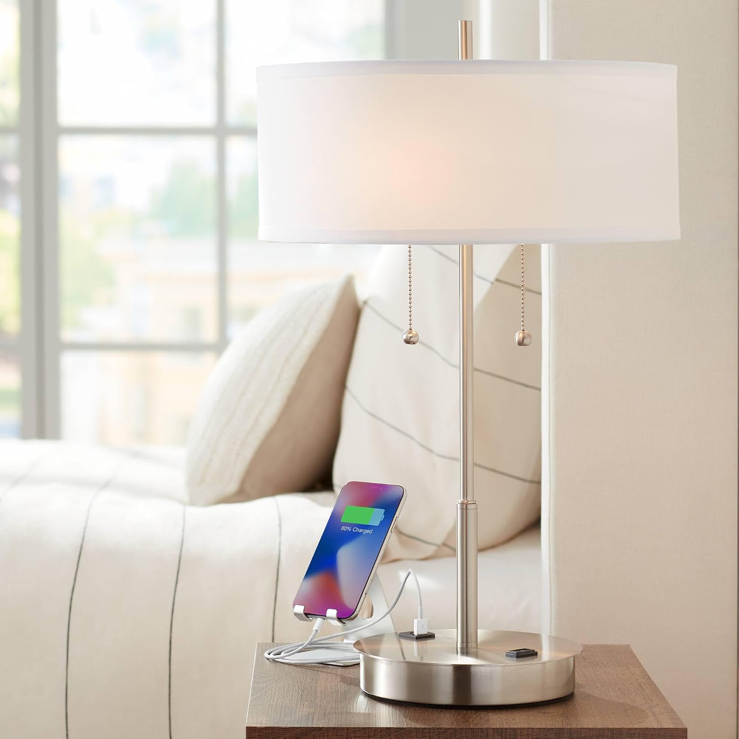 360 Lighting Nikola 23.75' High Modern Accent Table Lamp with USB Charging Ports A+C and AC Power Outlet Hotel Style Silver White Drum Shade Living Room Desk Bedroom House Bedside Nightstand Home