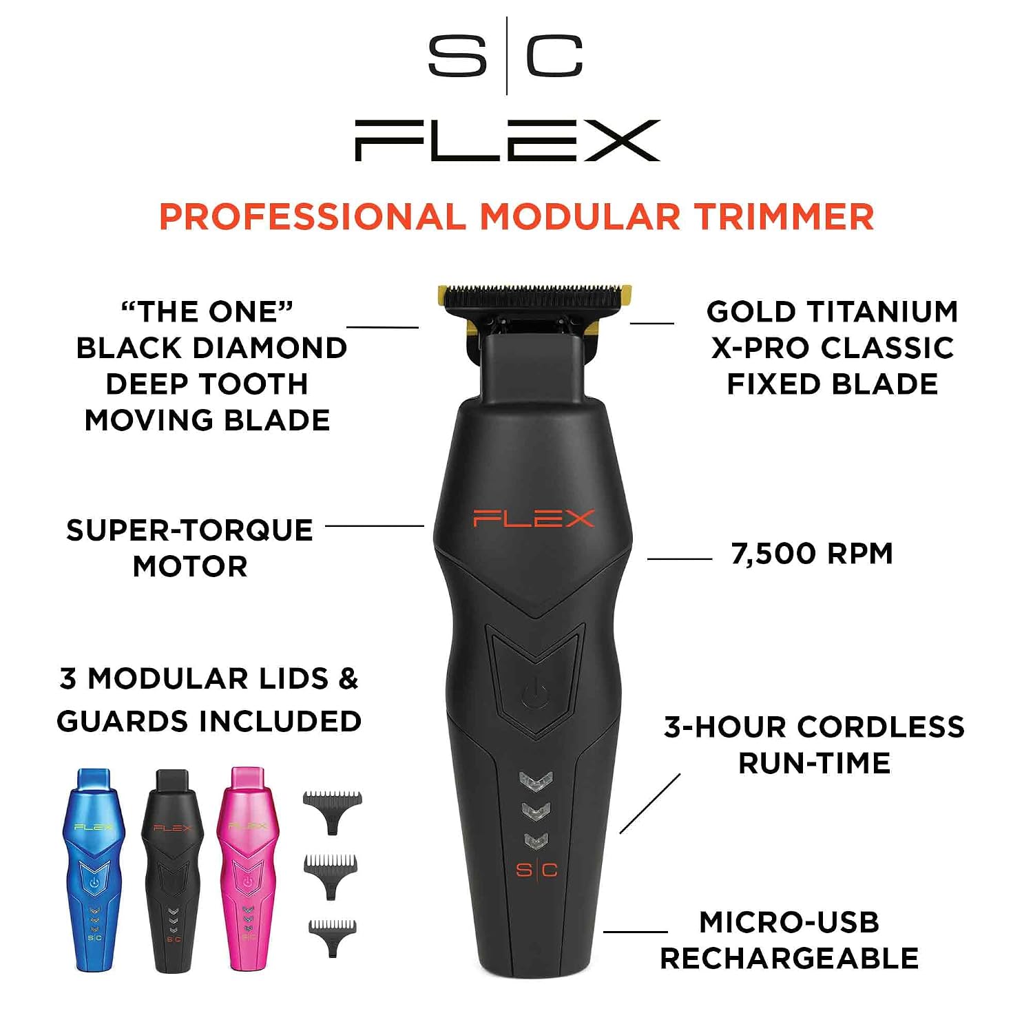 Stylecraft Flex Professional Modular Super-Torque Motor Cordless Hair Trimmer with 3 Modular Body Lids