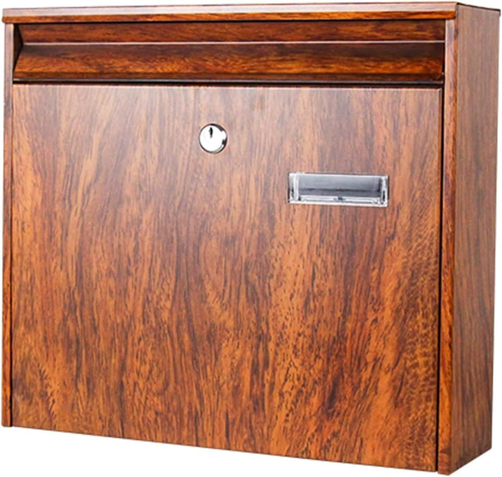 JYDQM Suggestion Box Business Drop Boxes Donation Box Brown Wall Mount Mailbox, Locking Rustic Metal Post Box with Wooden Texture Finish, Medium Letterboxes for Outside Residential Office