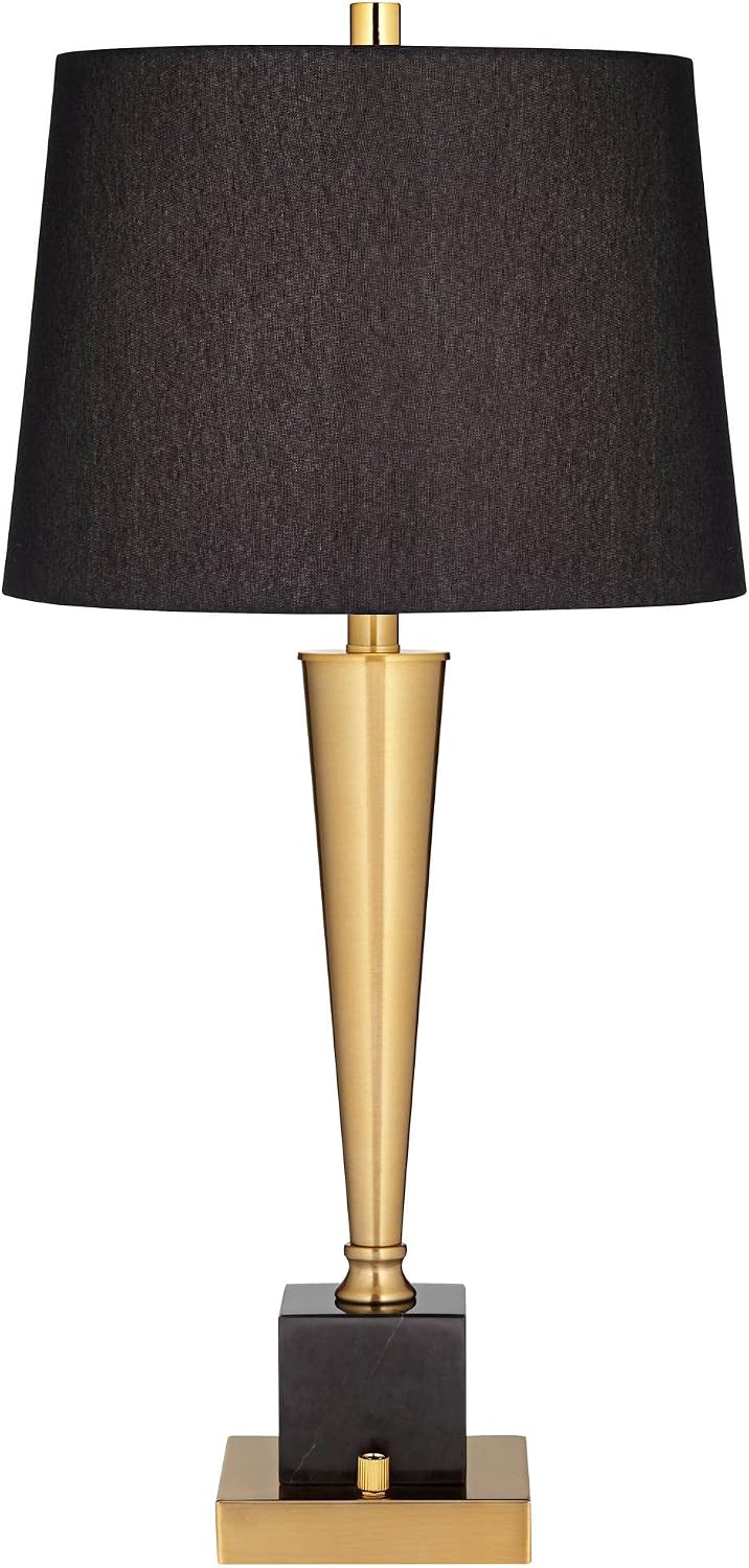 Possini Euro Design Wayne Modern Table Lamps 29 1/4' Tall Set of 2 with USB Charging Port Brass Gold Black Tapered Drum Shade for Bedroom Living Room Nightstand Bedside Night Stand Office Kids Room