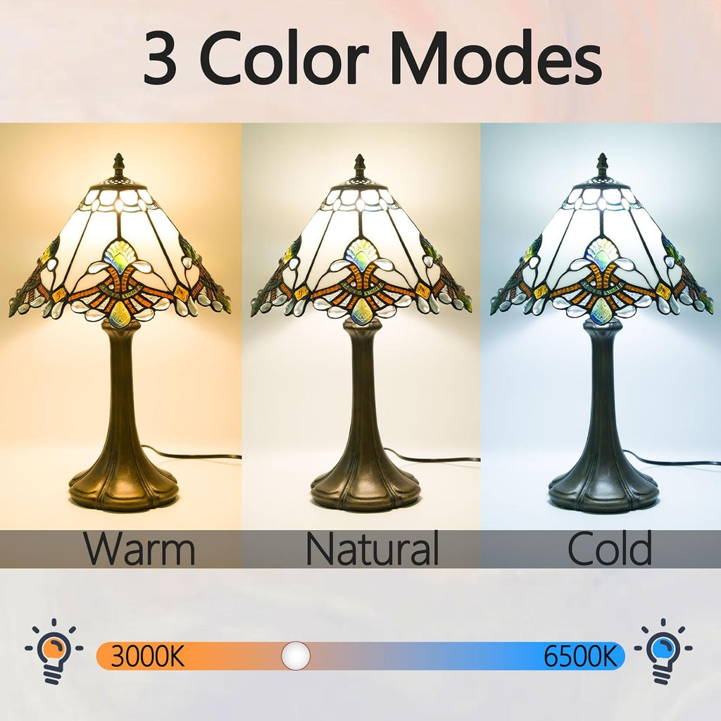 12 Inch Baroque Style Tiffany Table Lamp, Vintage Stained Glass Desk Lamp with Remote Control, 3 Color Temperature & Brightness Level for Office Home Bedroom Living (White)