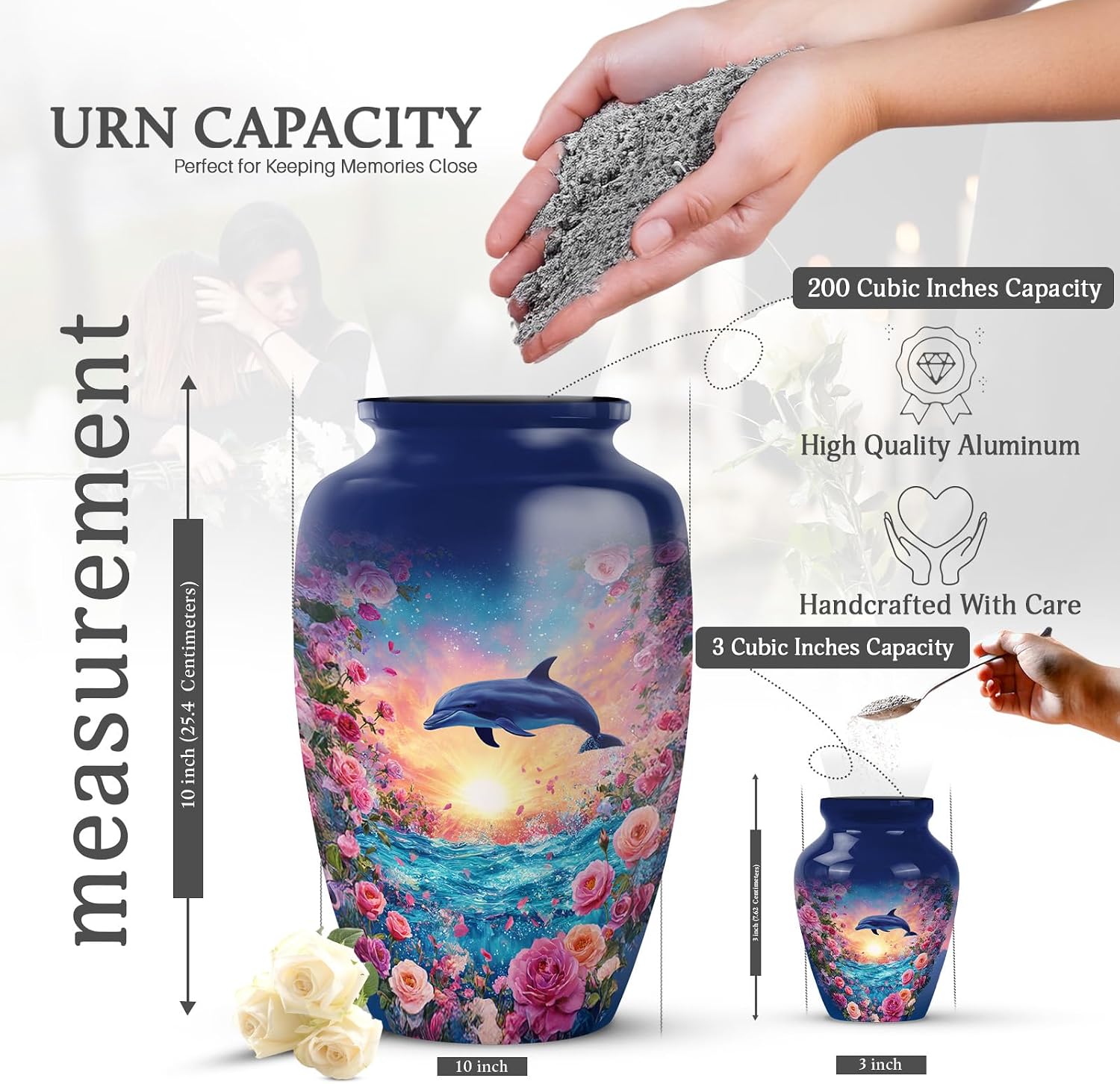 Dolphin Urn for Ashes for Women - Sunset Combo of 5 with 1 Large 10 Inch Blue Urn for Adult Female & Male and 4 Mini Roses Keepsake Urns for Mom, Men & Women - Decorative Funeral Ash Set