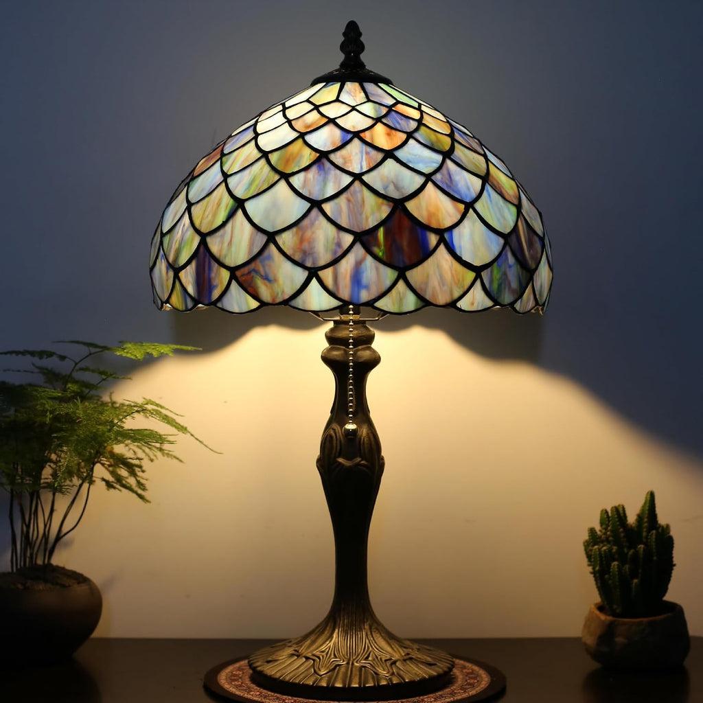 Tiffany Lamp Stained Glass Table Lamp 12' x 19' Blue Fish Scales Style Decorative Lamp Bedside Reading Lamp for Desk Living Room Bedroom Office Study Light Home Decor Gift