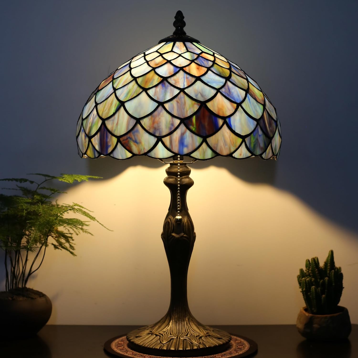 Tiffany Lamp Stained Glass Table Lamp 12' x 19' Blue Fish Scales Style Decorative Lamp Bedside Reading Lamp for Desk Living Room Bedroom Office Study Light Home Decor Gift