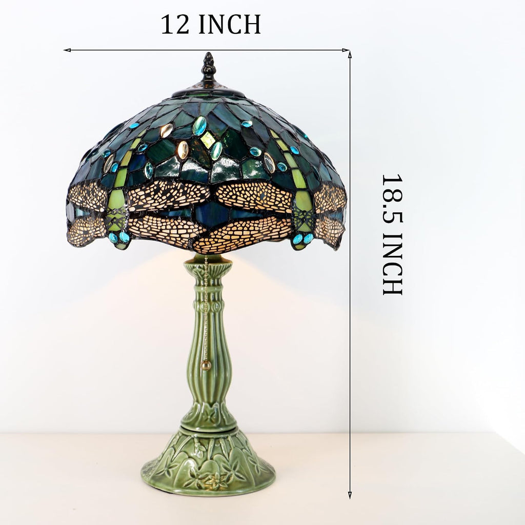 Tiffany Lamp Stained Glass Table Lamps Sea Blue Dragonfly Style Desk Lamp 12X12X18.5 Inch Bronze Ceramic Base Reading Light Suitable for Bedside Bedroom Living Room Dining Room Office