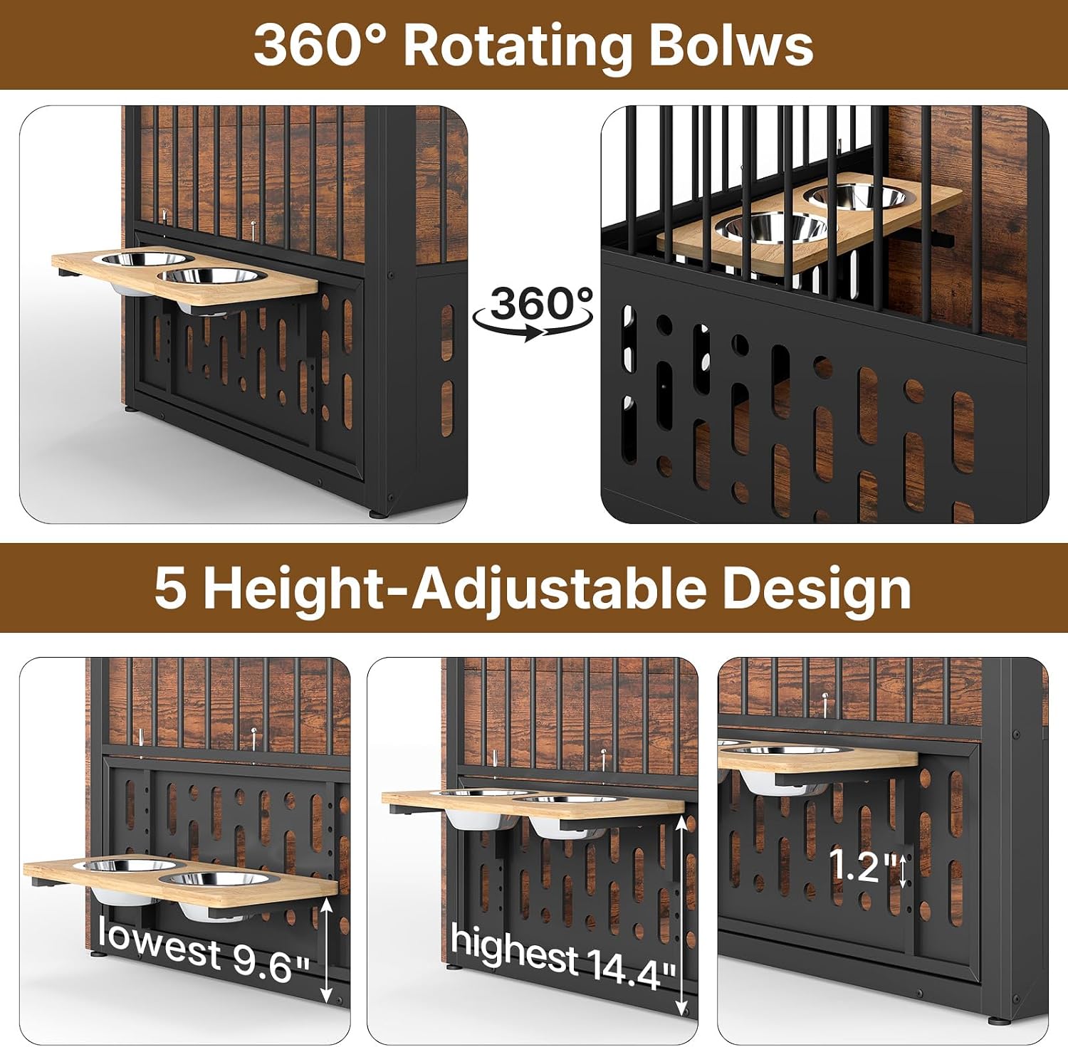 Rovibek 48 Inch Dog Crate Furniture, Wooden Dog Cage Furniture with Window and Adjustable Dogs Bowls 360° Rotatable, Heavy Duty XL Kennel Indoor as End Table, Brown