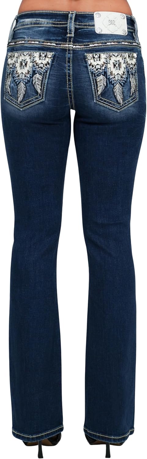 Miss Me Women's Reverie Dreams Dreamcatcher Embellished Pockets Mid-Rise Bootcut Jeans