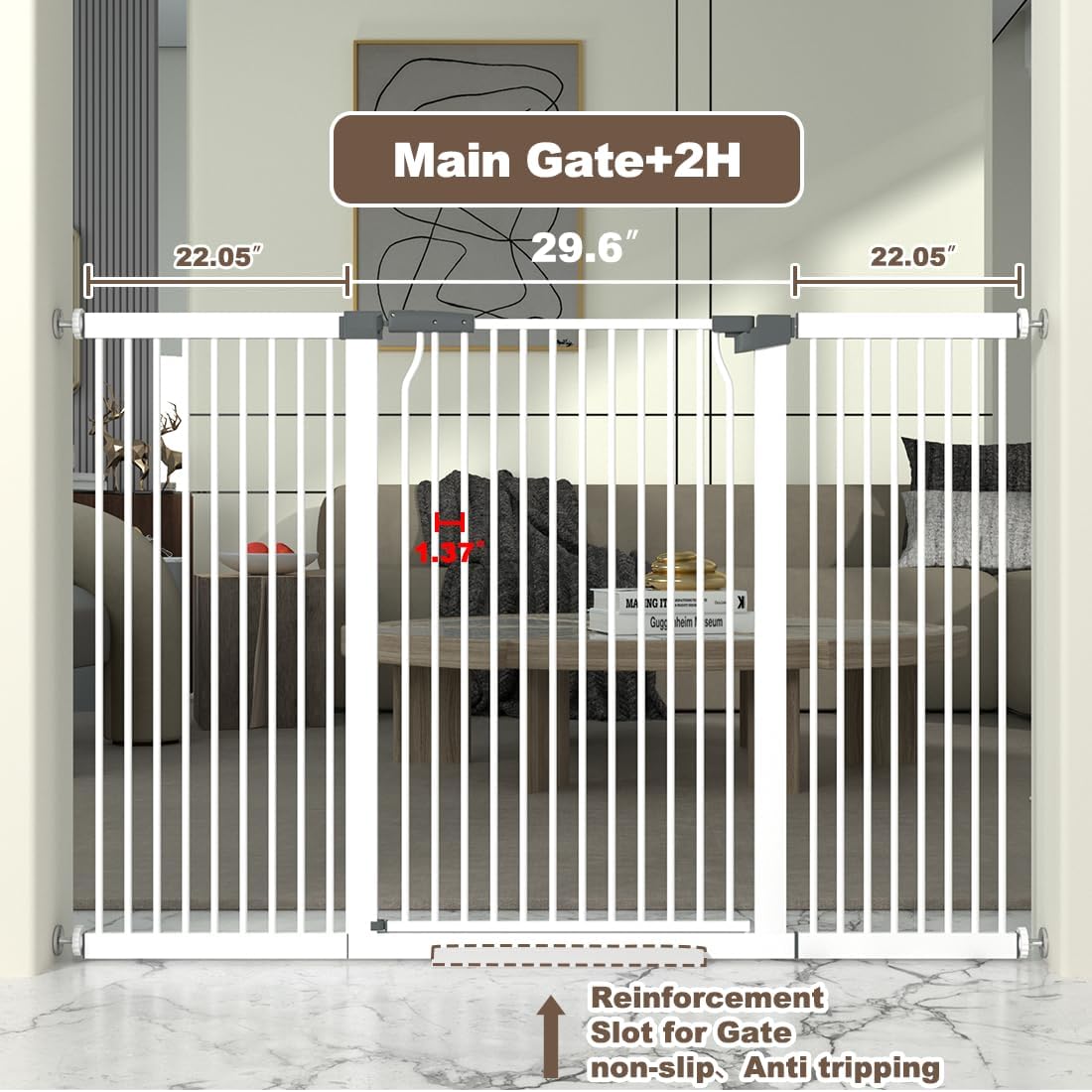41' Extra Tall and Wide Baby Gate, 74.2-76.7'' Wide Pet Cat Gate for Doorway, Extra Wide Pressure Mounted Child Door with Expansion Kit, Metal Safe Gate, Tall Dog Gate, White